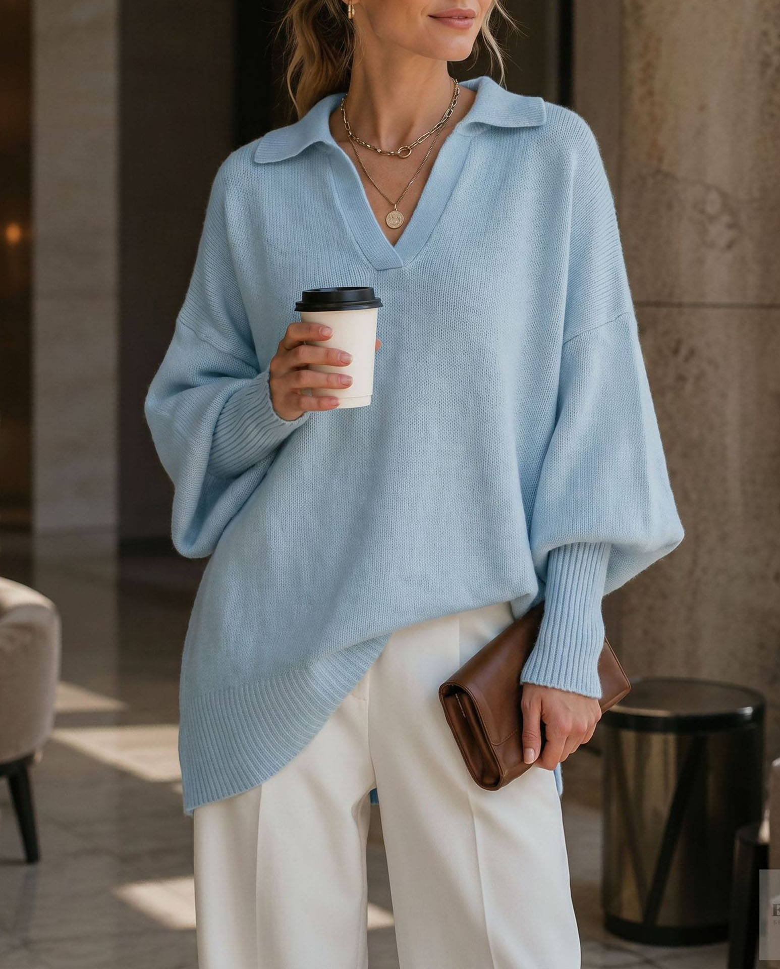 Women's Polo Neck Sweater, Oversized V Neck Knit Pullover Top, Long Sleeve Casual Loose Fit Lightweight Sweater for Fall Winter