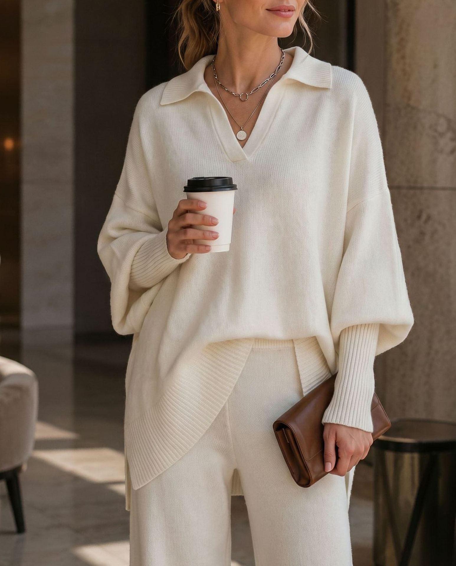 Women's Polo Neck Sweater, Oversized V Neck Knit Pullover Top, Long Sleeve Casual Loose Fit Lightweight Sweater for Fall Winter