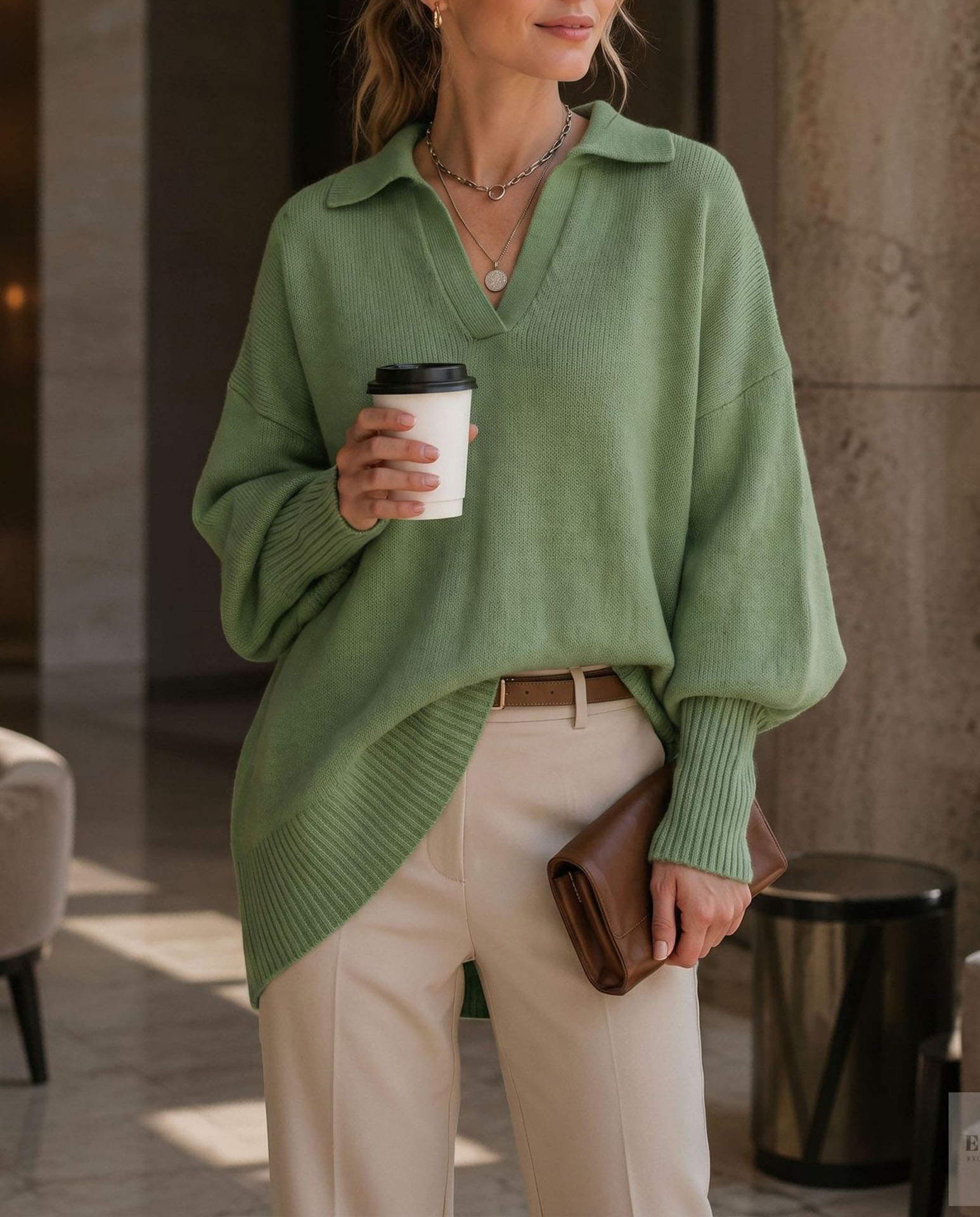 Women's Polo Neck Sweater, Oversized V Neck Knit Pullover Top, Long Sleeve Casual Loose Fit Lightweight Sweater for Fall Winter