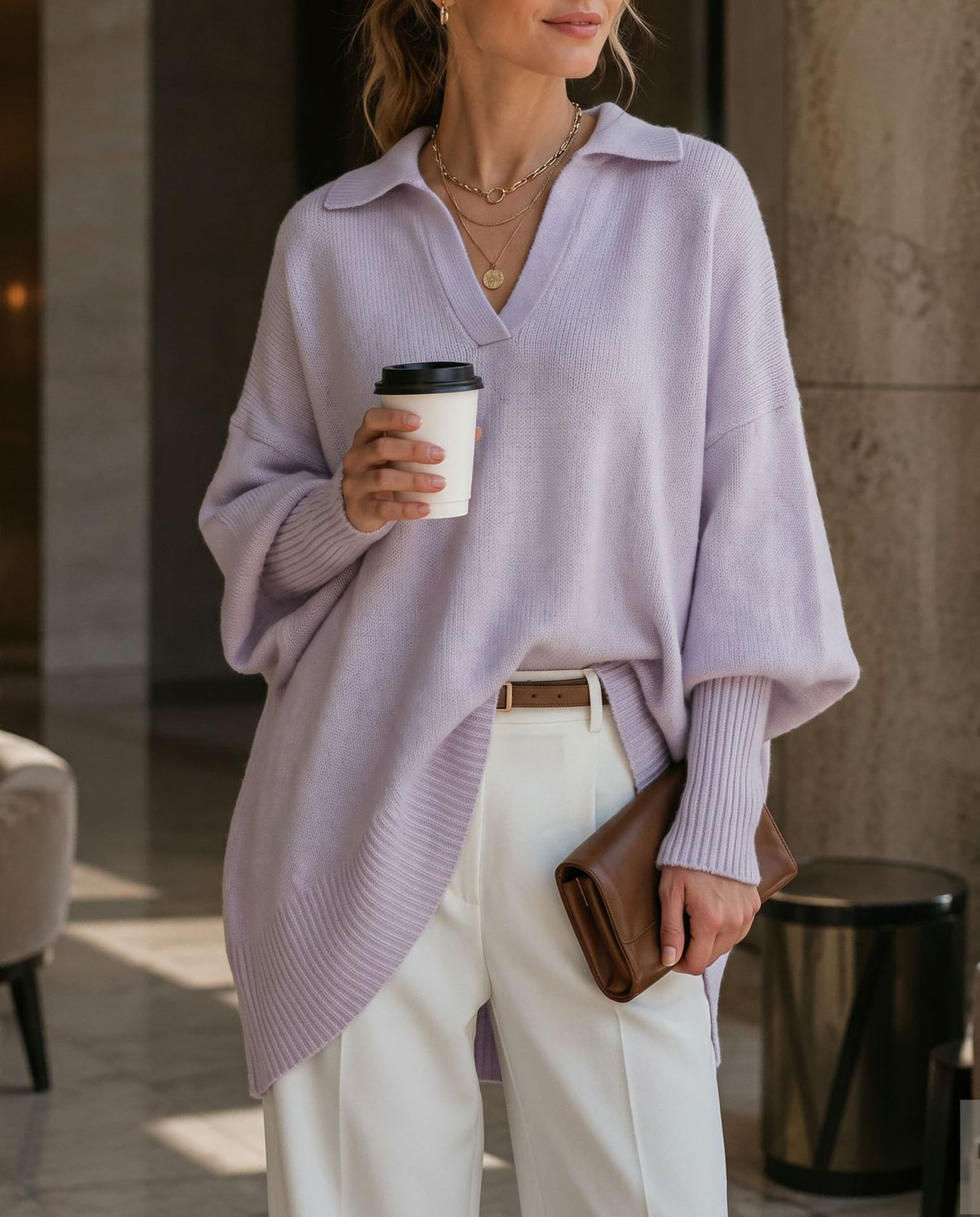 Women's Polo Neck Sweater, Oversized V Neck Knit Pullover Top, Long Sleeve Casual Loose Fit Lightweight Sweater for Fall Winter