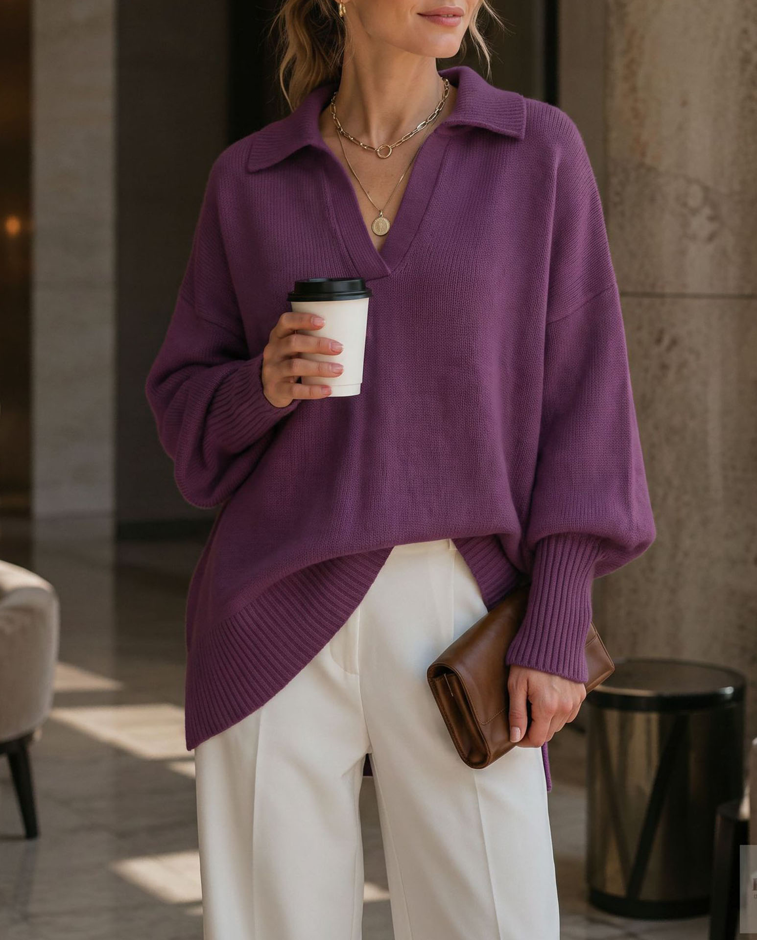 Women's Polo Neck Sweater, Oversized V Neck Knit Pullover Top, Long Sleeve Casual Loose Fit Lightweight Sweater for Fall Winter