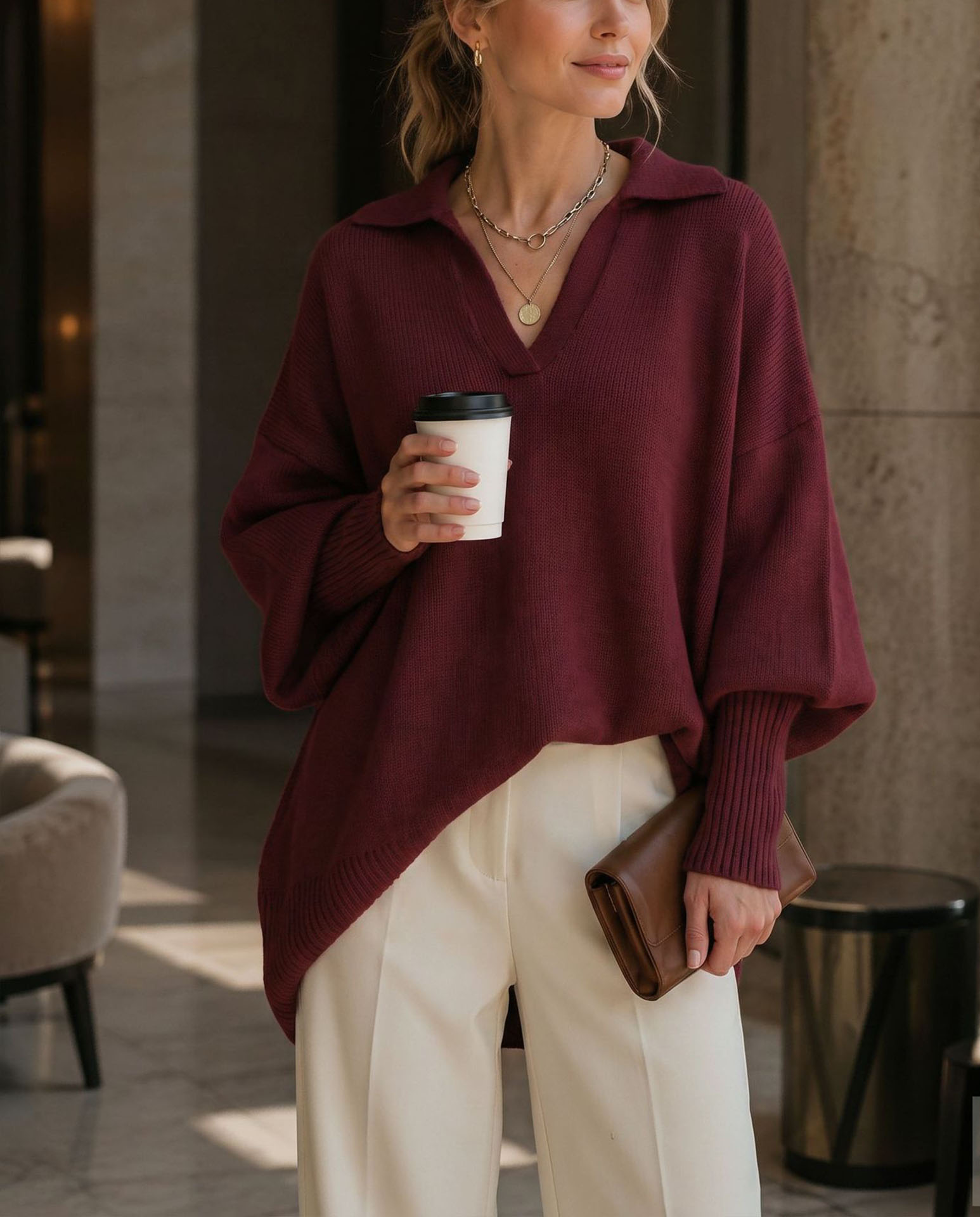 Women's Polo Neck Sweater, Oversized V Neck Knit Pullover Top, Long Sleeve Casual Loose Fit Lightweight Sweater for Fall Winter