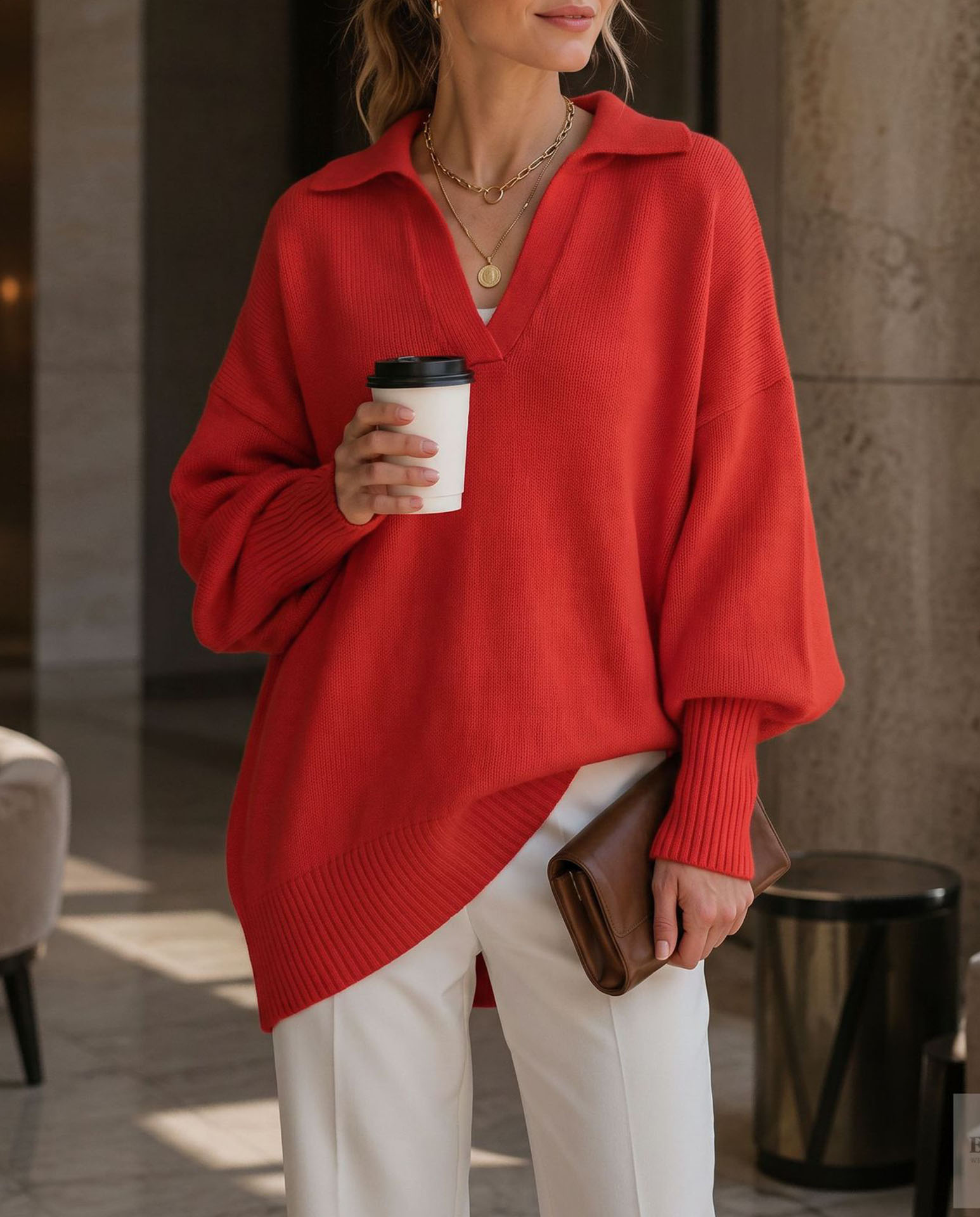 Women's Polo Neck Sweater, Oversized V Neck Knit Pullover Top, Long Sleeve Casual Loose Fit Lightweight Sweater for Fall Winter