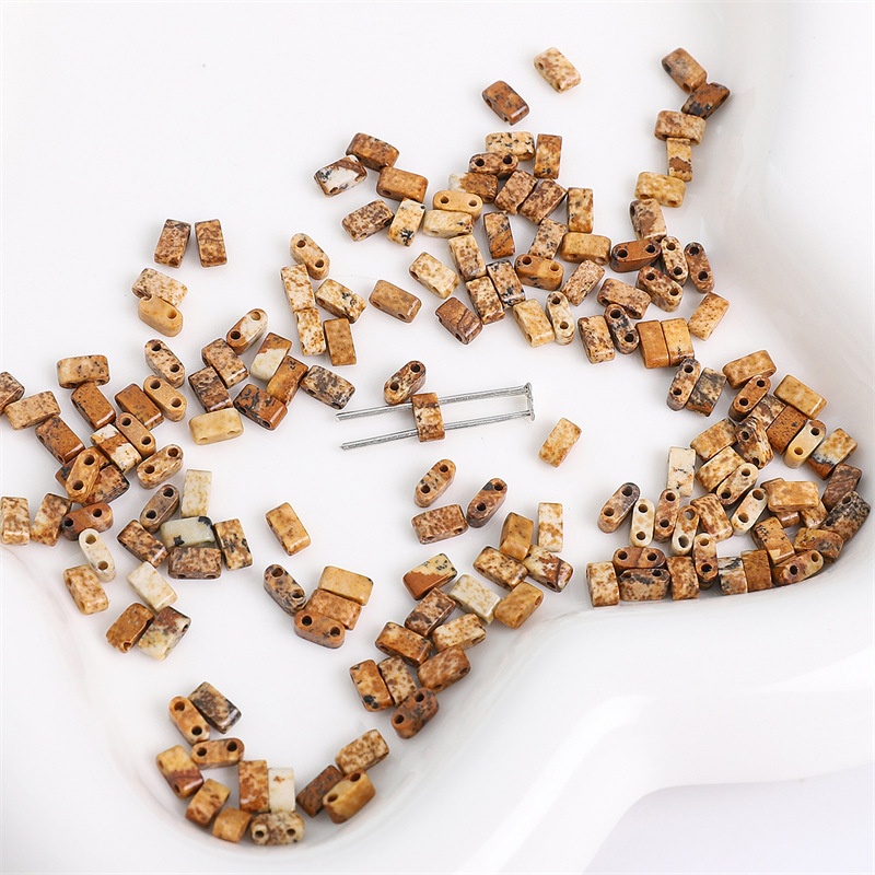 Picture Jasper Natural Stone Double Hole TILA Flat Tile Loose Beads Tile Beads, Approx 5×2mm Spacer Beads for DIY Dopamine Bracelet Necklace Ring Craft Supplies, 10 Pieces Per Pack Wholesale