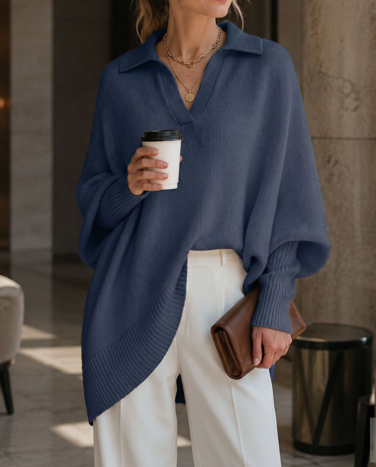 Women's Polo Neck Sweater, Oversized V Neck Knit Pullover Top, Long Sleeve Casual Loose Fit Lightweight Sweater for Fall Winter