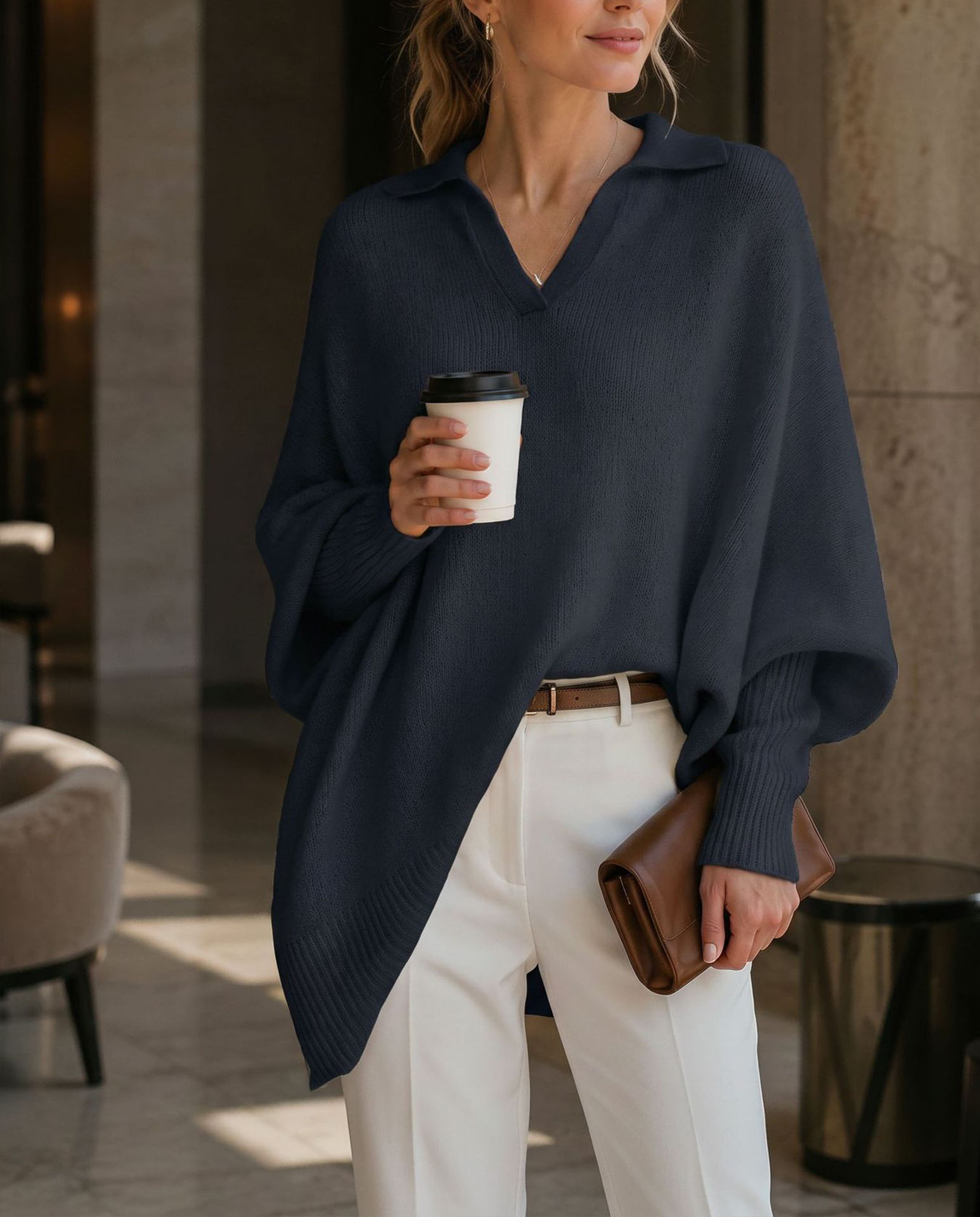 Women's Polo Neck Sweater, Oversized V Neck Knit Pullover Top, Long Sleeve Casual Loose Fit Lightweight Sweater for Fall Winter