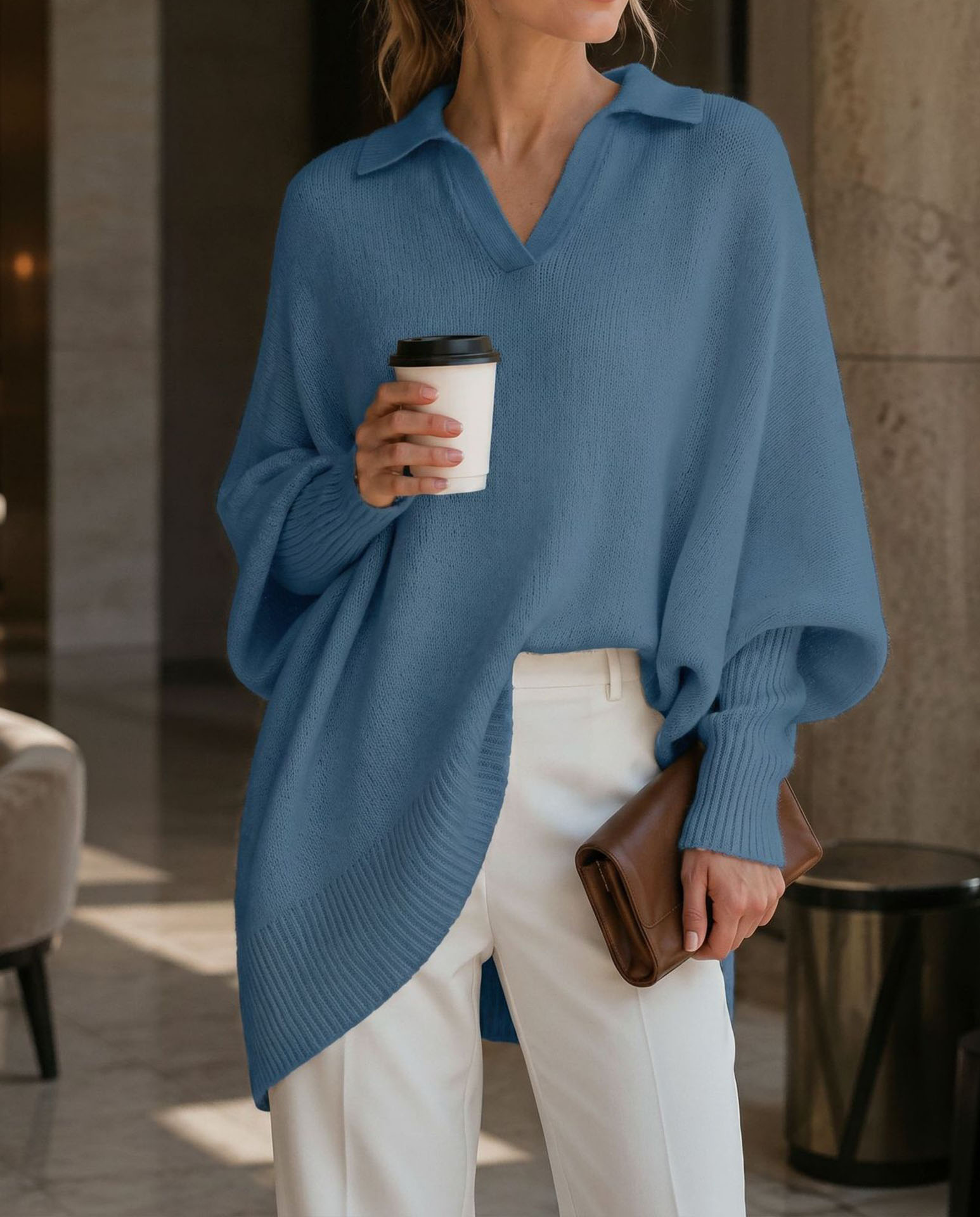 Women's Polo Neck Sweater, Oversized V Neck Knit Pullover Top, Long Sleeve Casual Loose Fit Lightweight Sweater for Fall Winter