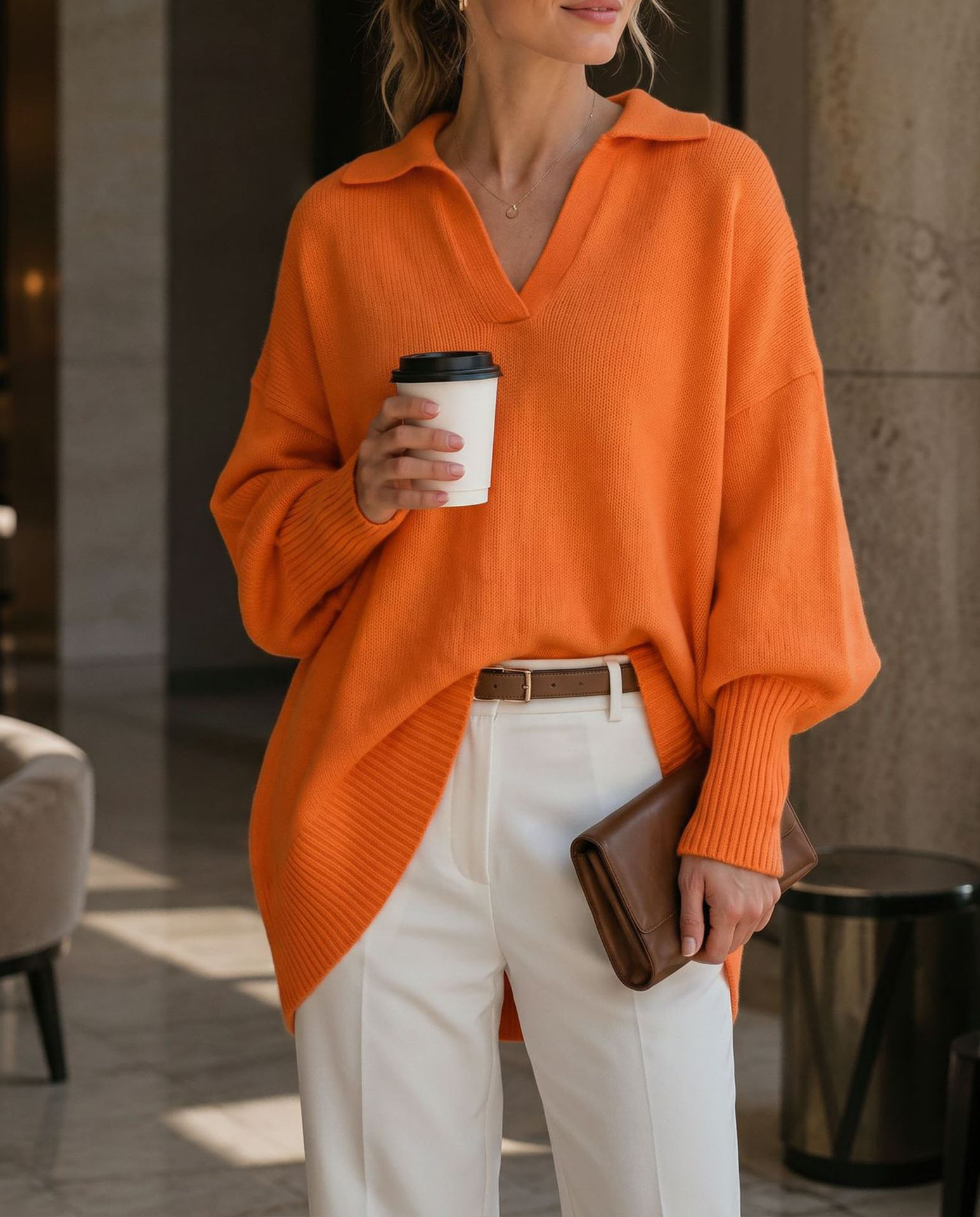 Women's Polo Neck Sweater, Oversized V Neck Knit Pullover Top, Long Sleeve Casual Loose Fit Lightweight Sweater for Fall Winter