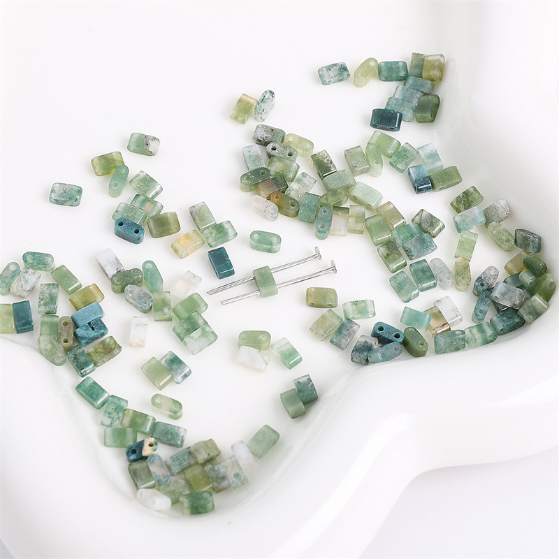 Moss Agate  Natural Stone Double Hole TILA Flat Tile Loose Beads Tile Beads, Approx 5×2mm Spacer Beads for DIY Dopamine Bracelet Necklace Ring Craft Supplies, 10 Pieces Per Pack Wholesale