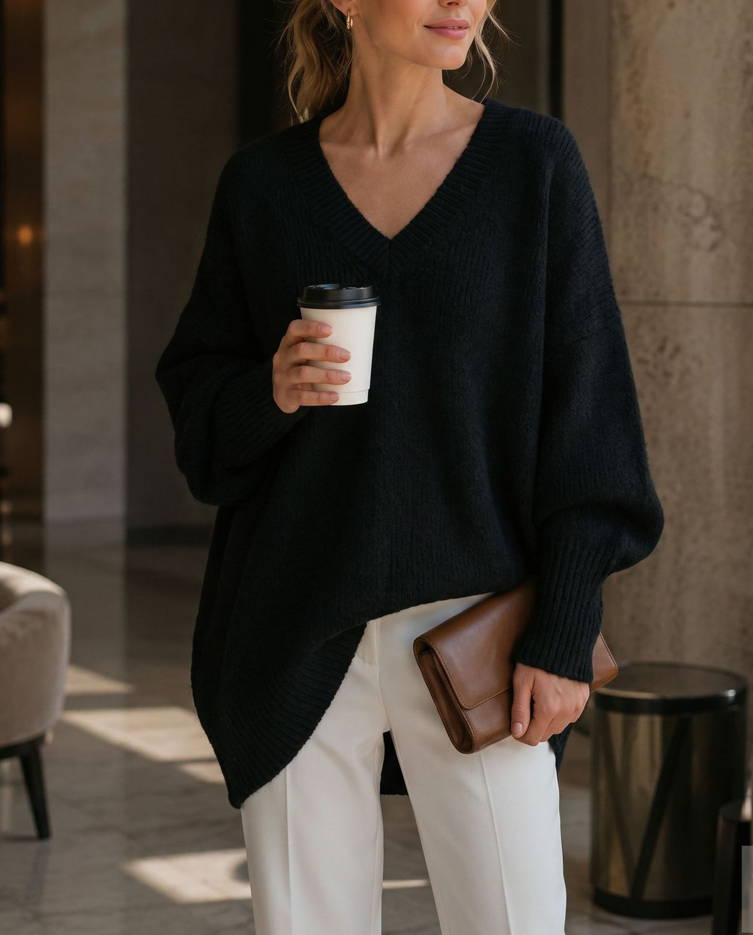 Women's V Neck Sweater, Oversized Loose Fit Knit Pullover Top, Long Sleeve Casual Lightweight Soft Sweater for Fall Winter