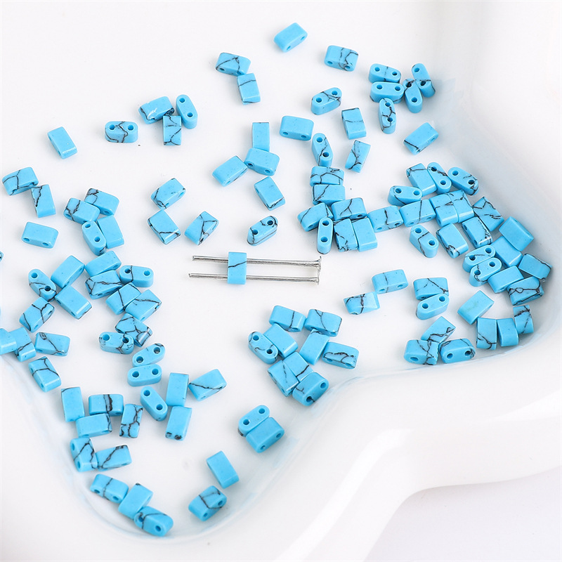 Blue Turquoise Natural Stone Double Hole TILA Flat Tile Loose Beads Tile Beads, Approx 5×2mm Spacer Beads for DIY Dopamine Bracelet Necklace Ring Craft Supplies, 10 Pieces Per Pack Wholesale