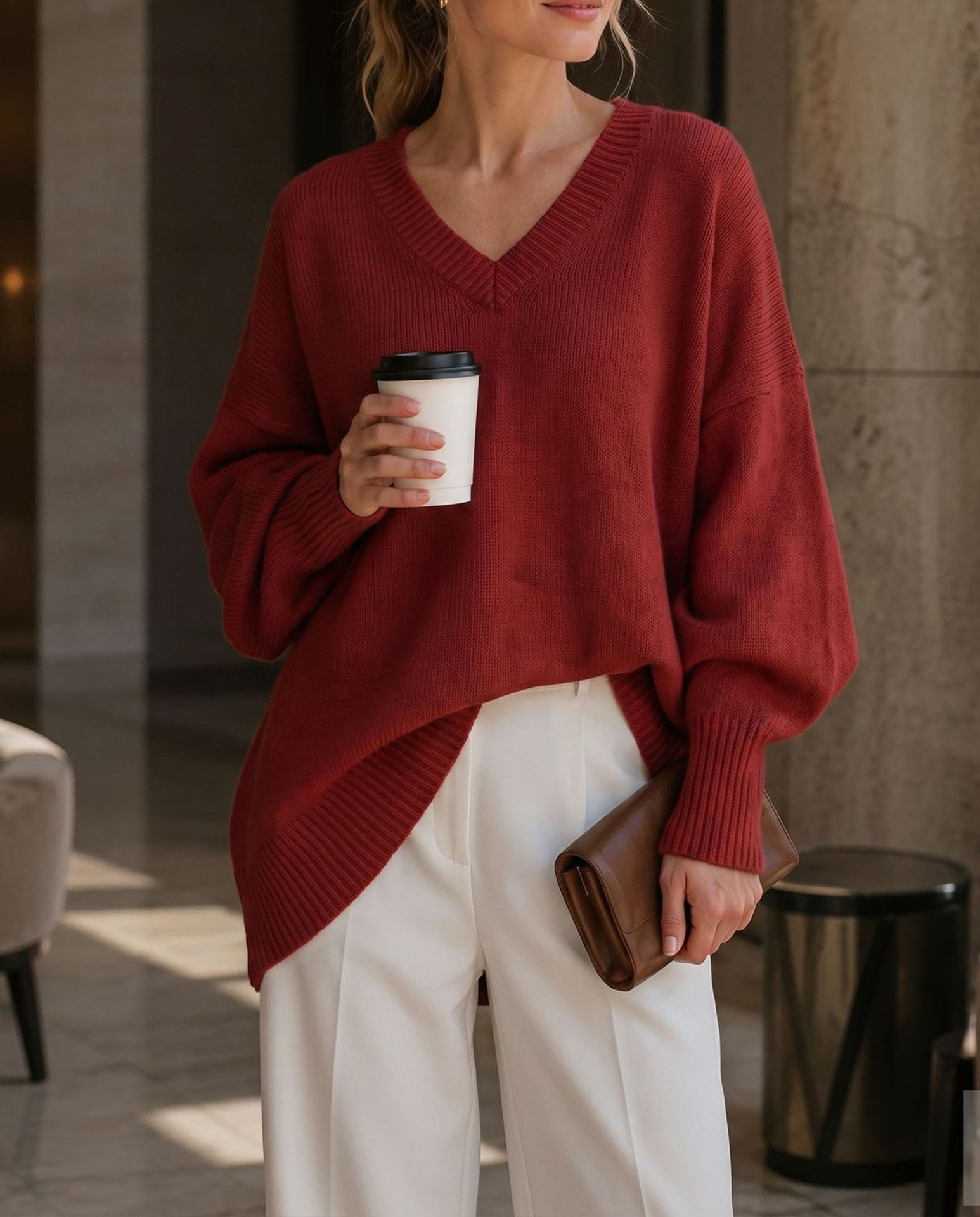 Women's V Neck Sweater, Oversized Loose Fit Knit Pullover Top, Long Sleeve Casual Lightweight Soft Sweater for Fall Winter