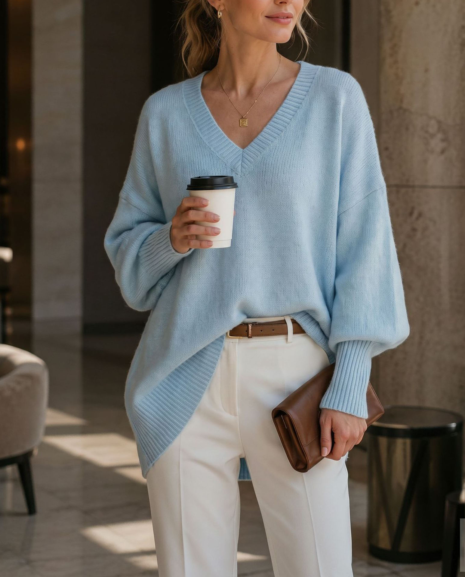 Women's V Neck Sweater, Oversized Loose Fit Knit Pullover Top, Long Sleeve Casual Lightweight Soft Sweater for Fall Winter