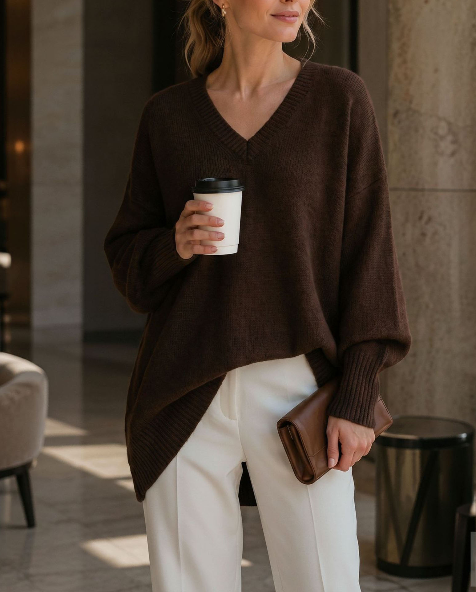 Women's V Neck Sweater, Oversized Loose Fit Knit Pullover Top, Long Sleeve Casual Lightweight Soft Sweater for Fall Winter