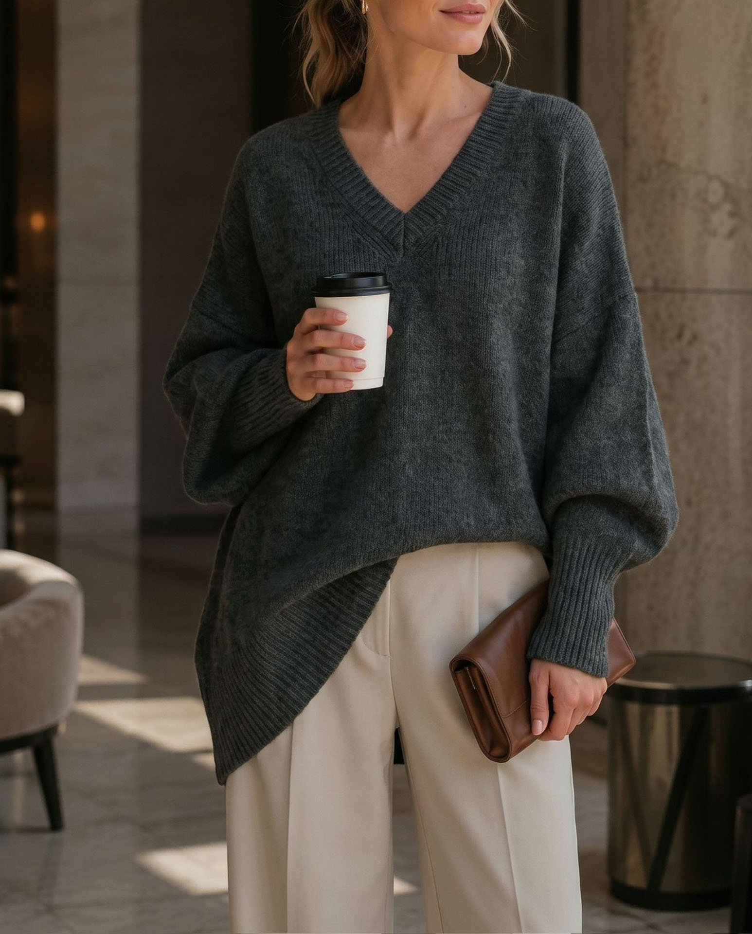 Women's V Neck Sweater, Oversized Loose Fit Knit Pullover Top, Long Sleeve Casual Lightweight Soft Sweater for Fall Winter