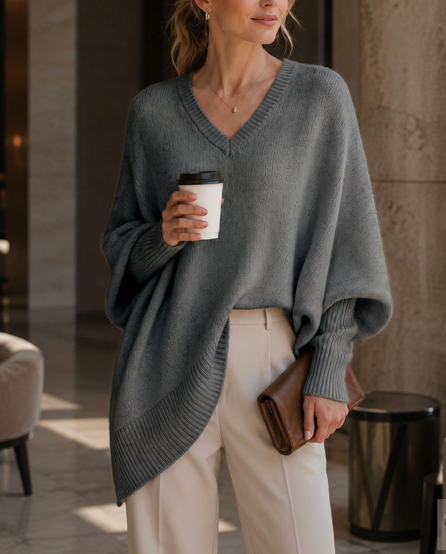 Women's V Neck Sweater, Oversized Loose Fit Knit Pullover Top, Long Sleeve Casual Lightweight Soft Sweater for Fall Winter