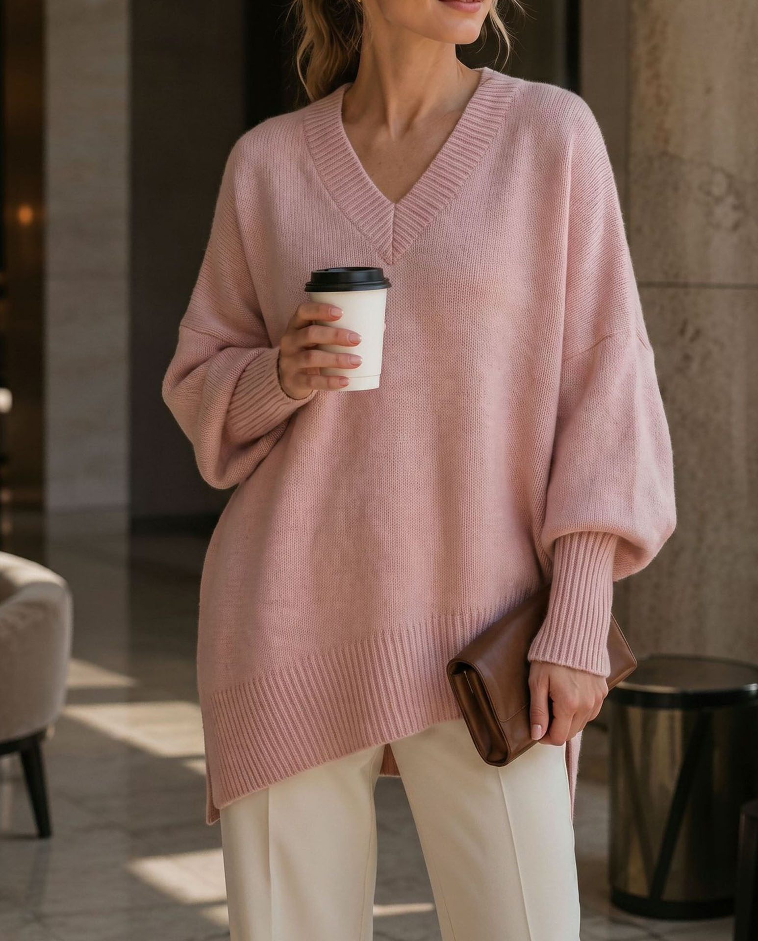 Women's V Neck Sweater, Oversized Loose Fit Knit Pullover Top, Long Sleeve Casual Lightweight Soft Sweater for Fall Winter