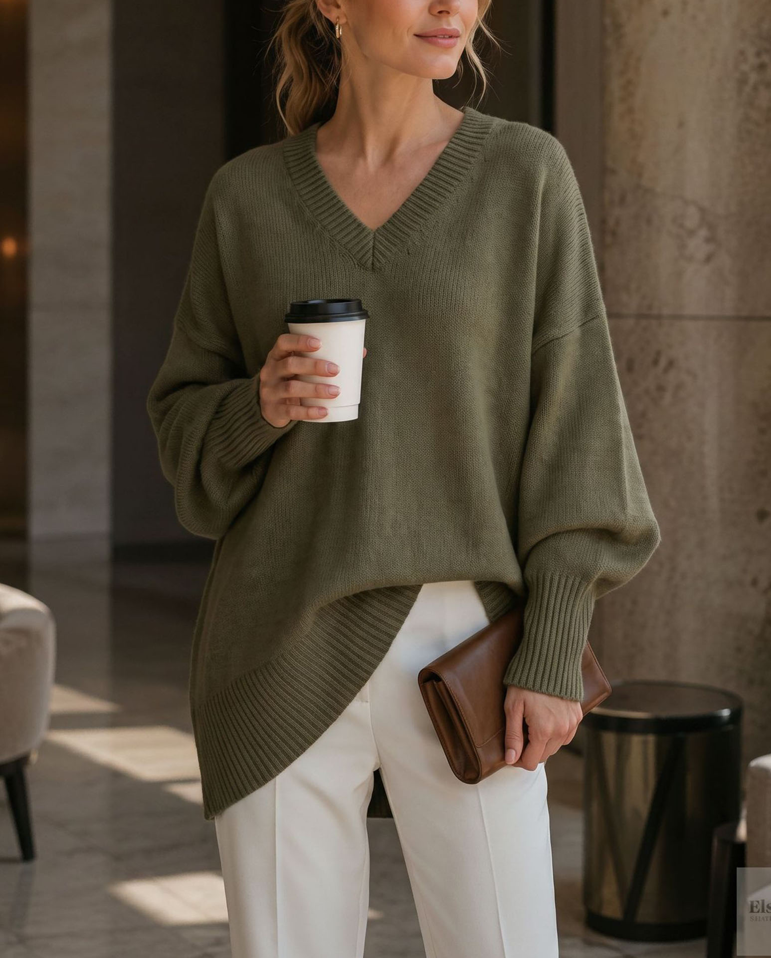 Women's V Neck Sweater, Oversized Loose Fit Knit Pullover Top, Long Sleeve Casual Lightweight Soft Sweater for Fall Winter