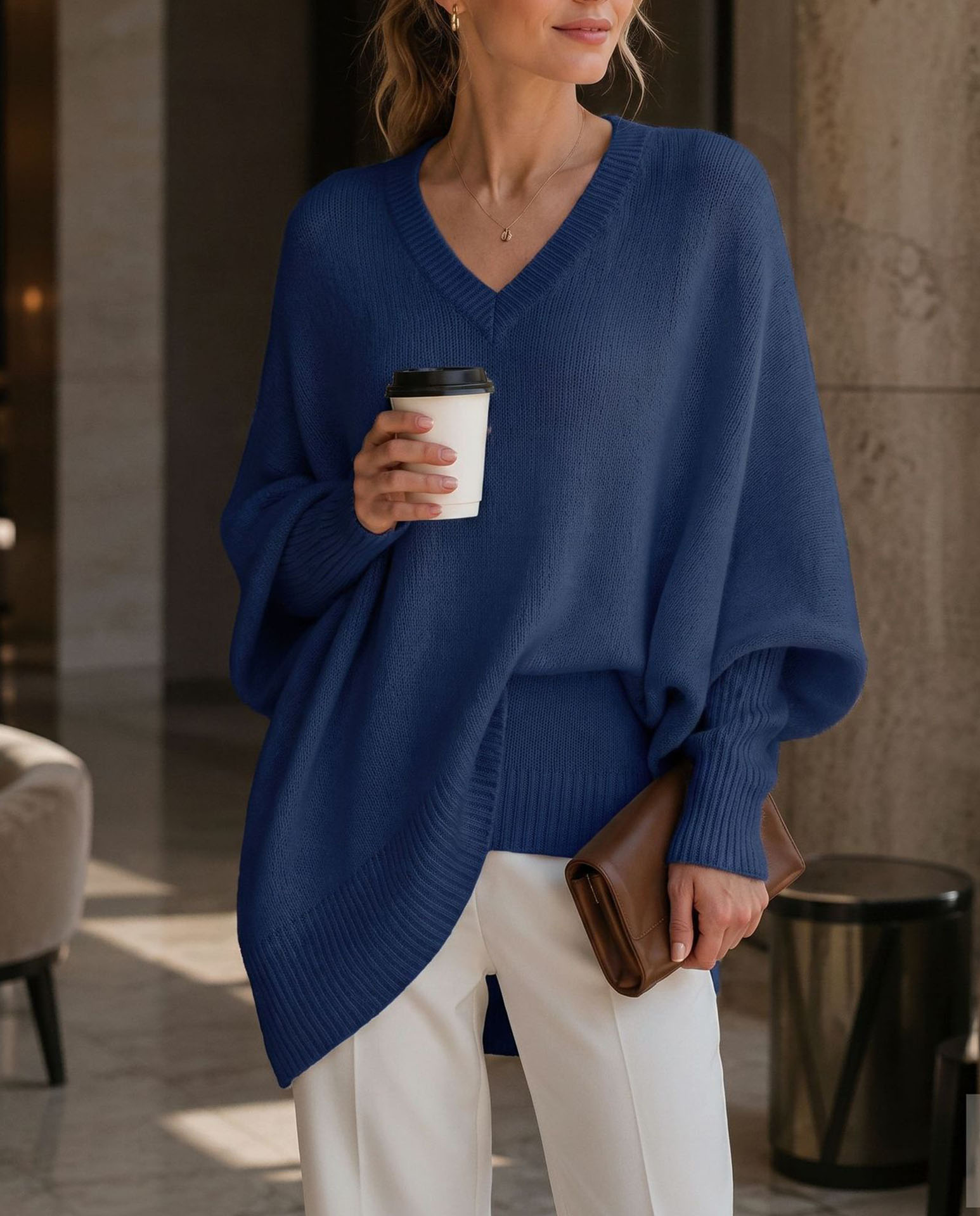 Women's V Neck Sweater, Oversized Loose Fit Knit Pullover Top, Long Sleeve Casual Lightweight Soft Sweater for Fall Winter