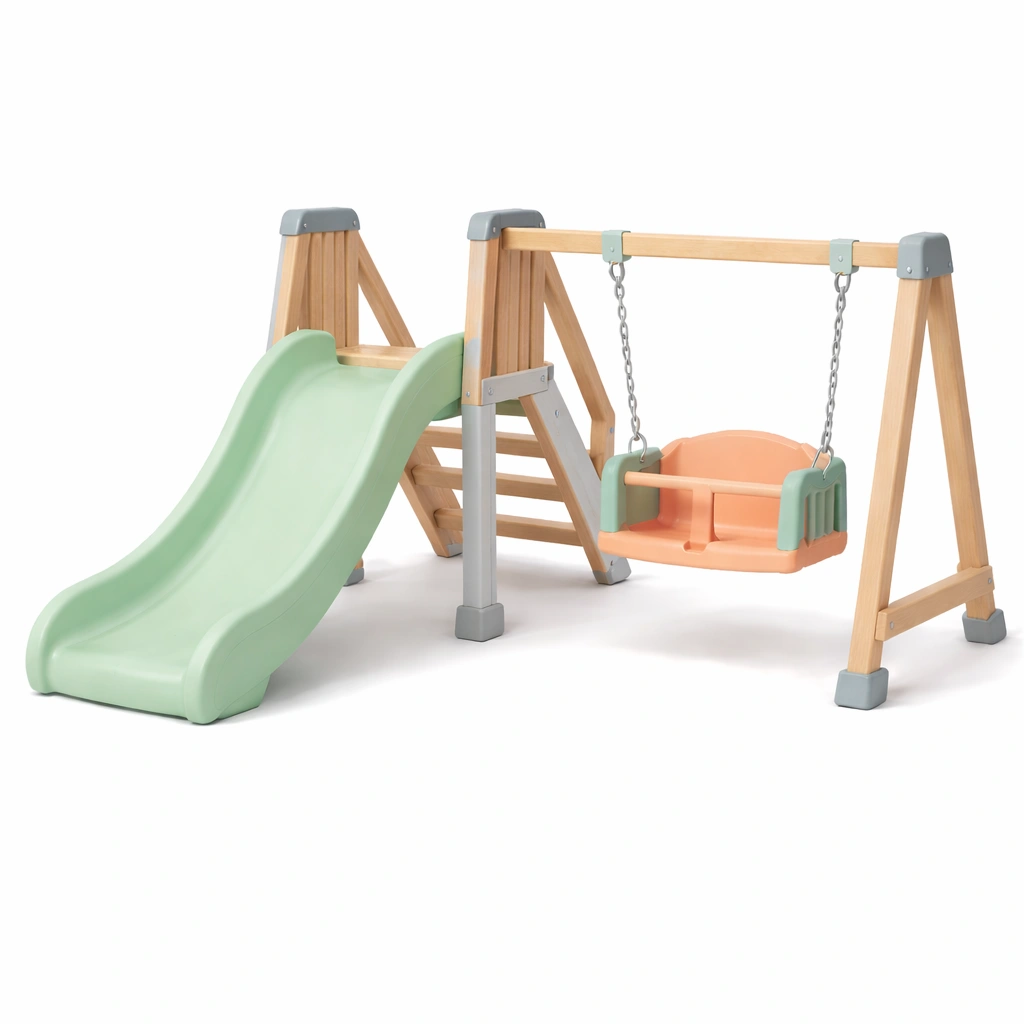 Parque infantil de madera y plástico hdpe verde naranja con columpio y tobogán-nestpira