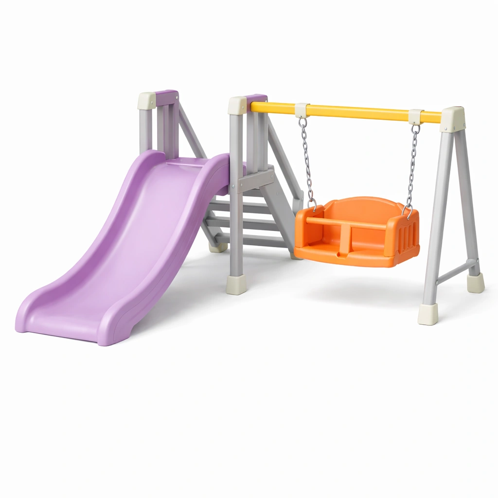 Parque infantil de plástico lila y naranja con columpio y tobogán-nestpira