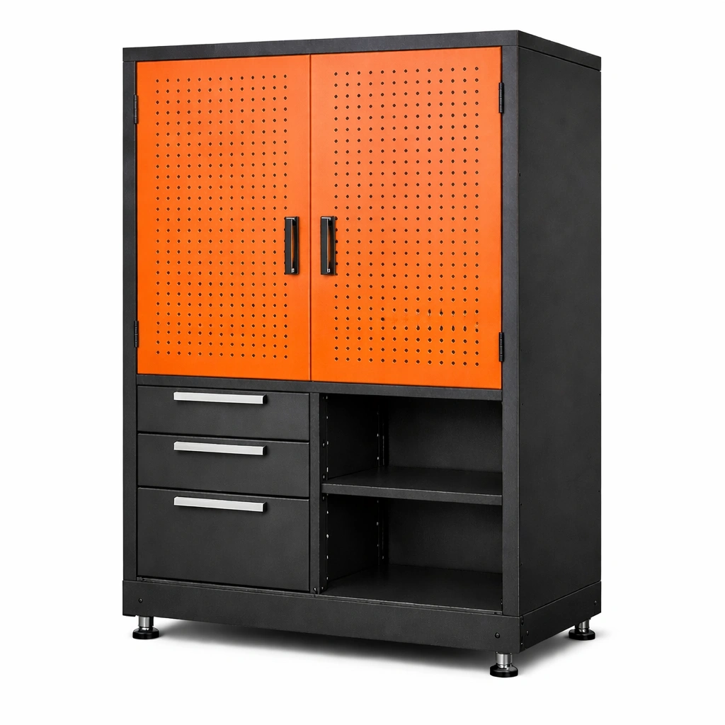 Armario de herramientas de acero con puertas perforadas y cajones negro naranja 180x90x45 cm-nestpira