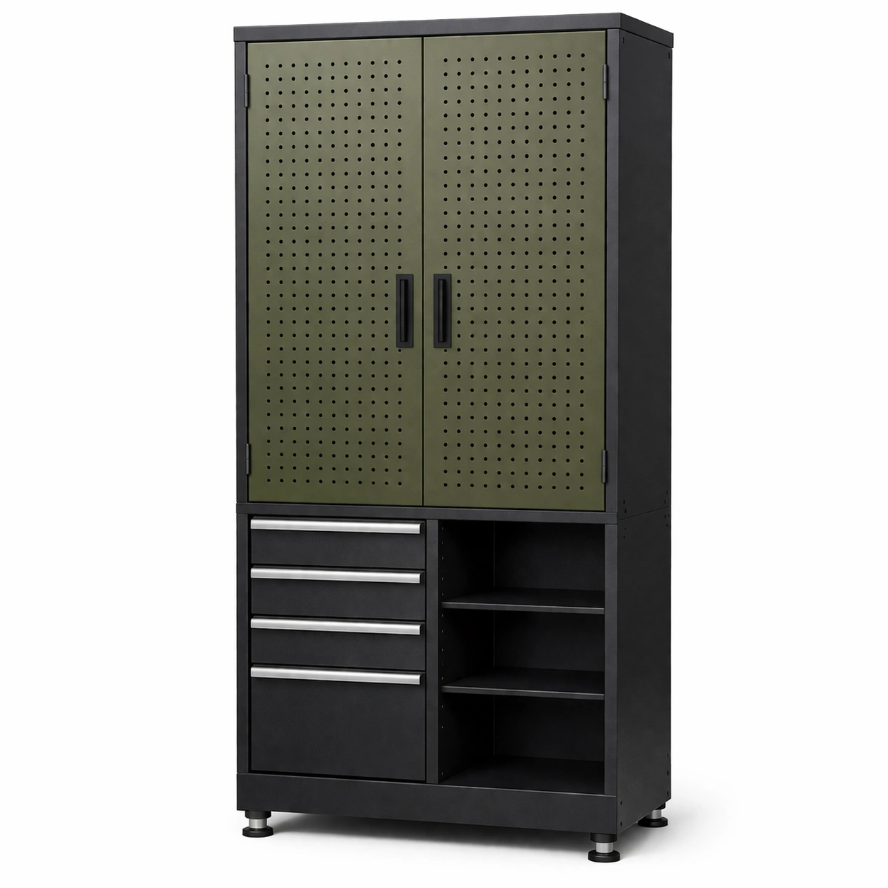 Armario de herramientas de acero con puertas perforadas y cajones negro verde-nestpira