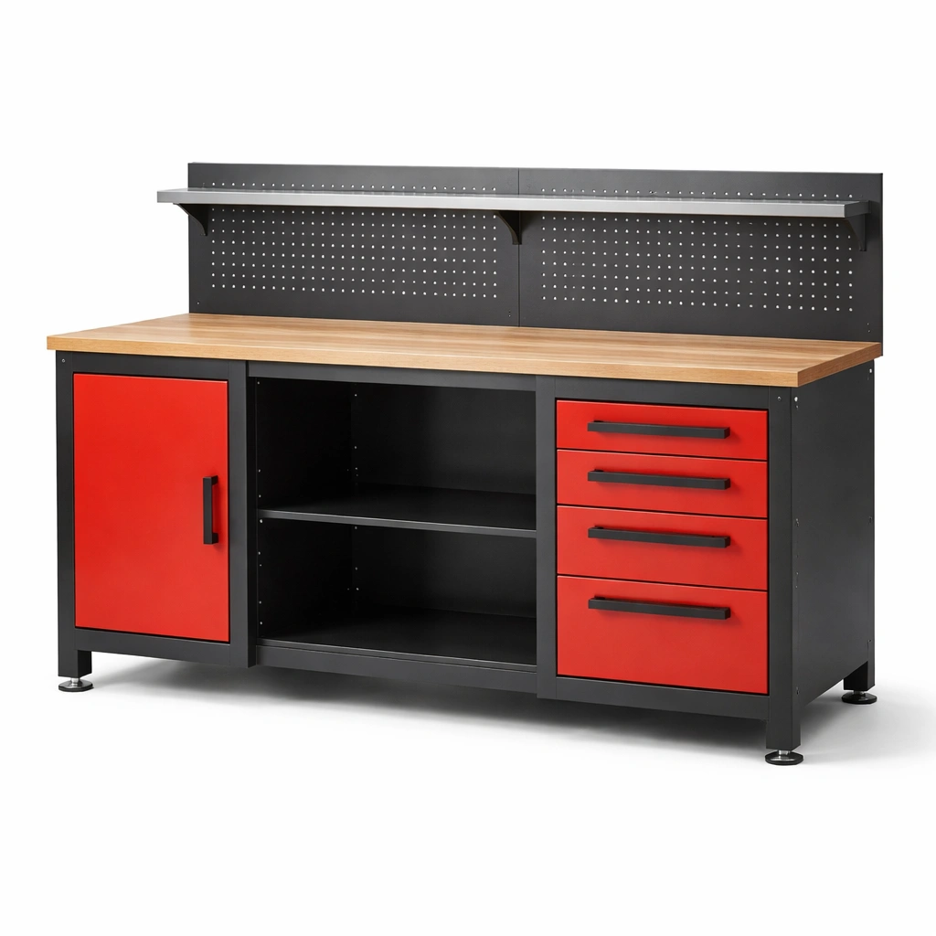 Banco de trabajo metálico con tapa de madera y revestimiento negro y rojo-nestpira