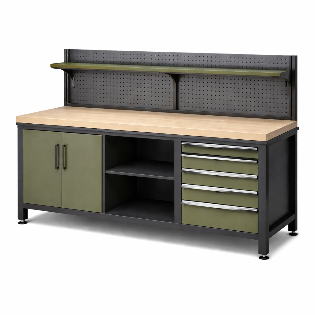 Banco de trabajo de metal verde y negro con tablero de madera y cajones-nestpira