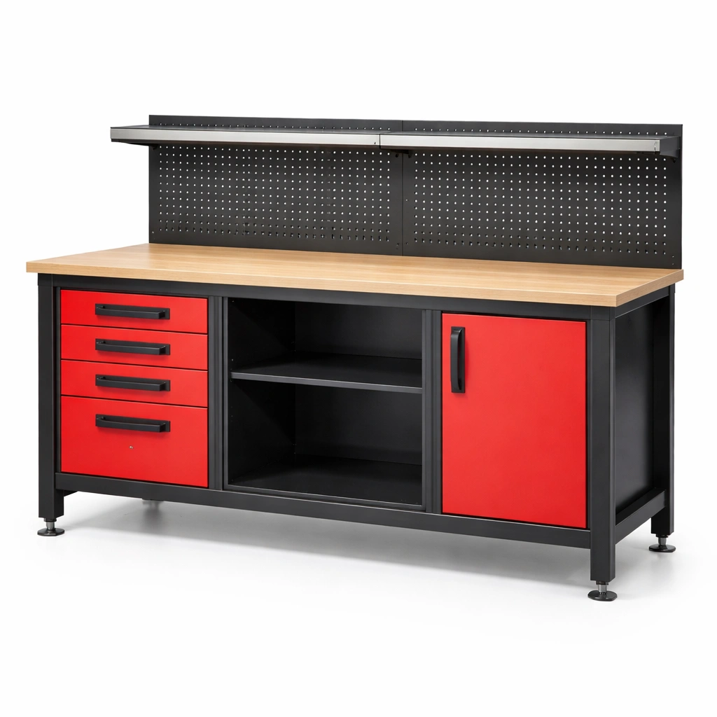 Banco de trabajo de acero y madera con gavetas y estante 180x60x90 cm rojo negro-nestpira
