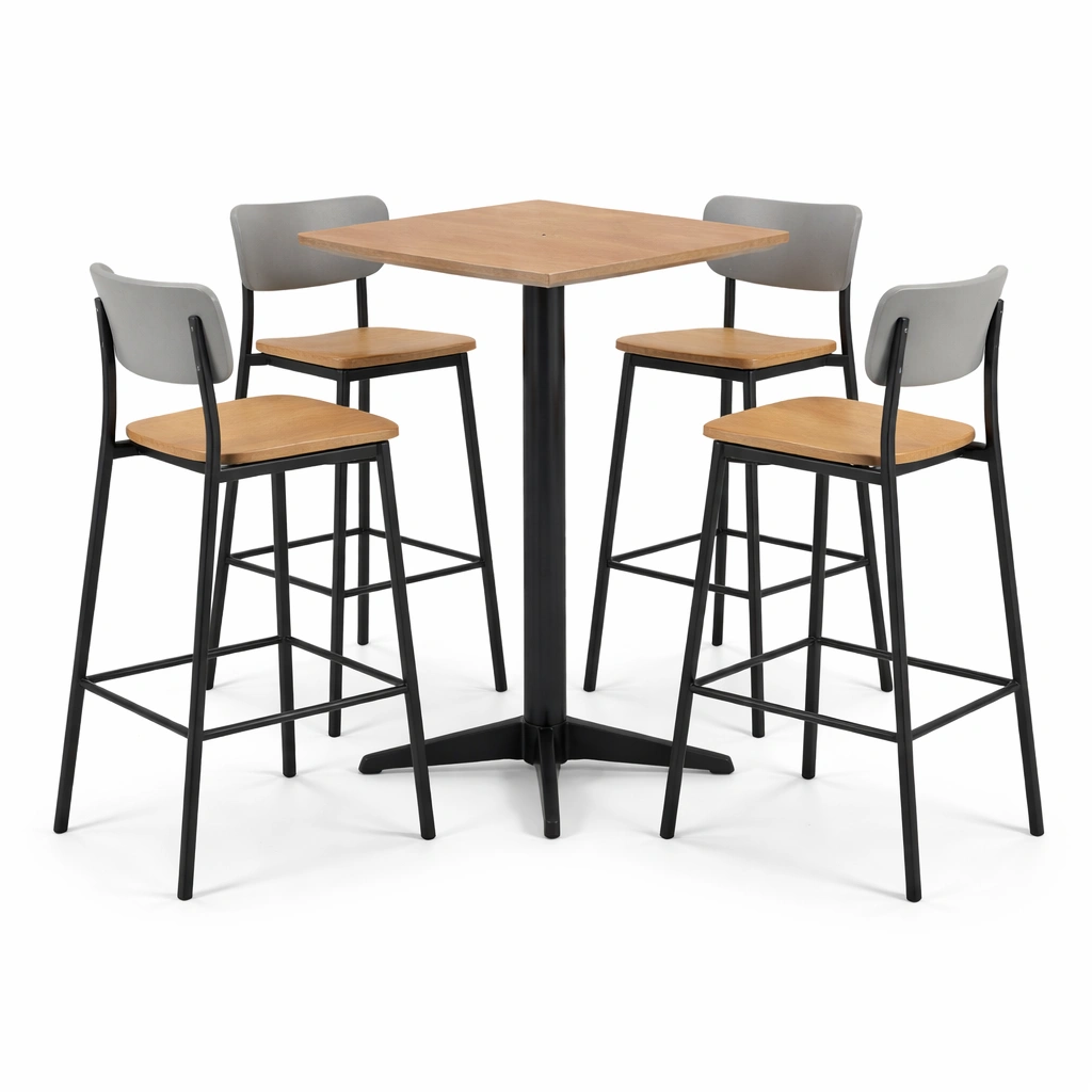 Conjunto de bar de mesa alta y sillas de madera y metal-nestpira