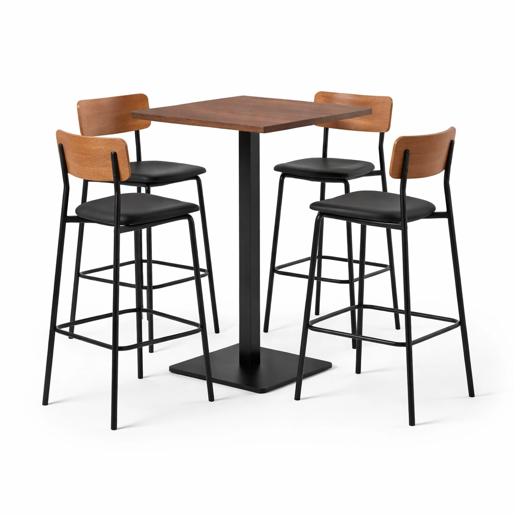 Conjunto de bar de mesa alta y taburetes de madera y metal negro-nestpira