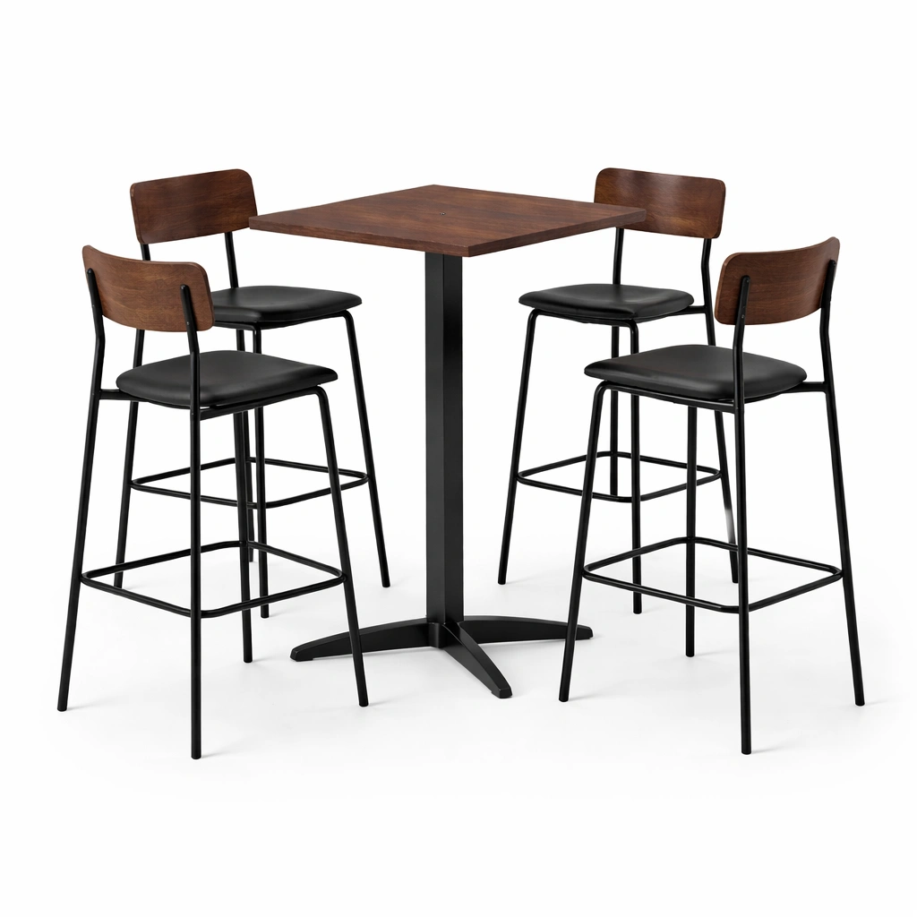Conjunto de bar de mesa alta cuadrada de madera y metal con taburetes de cuero sintético-nestpira