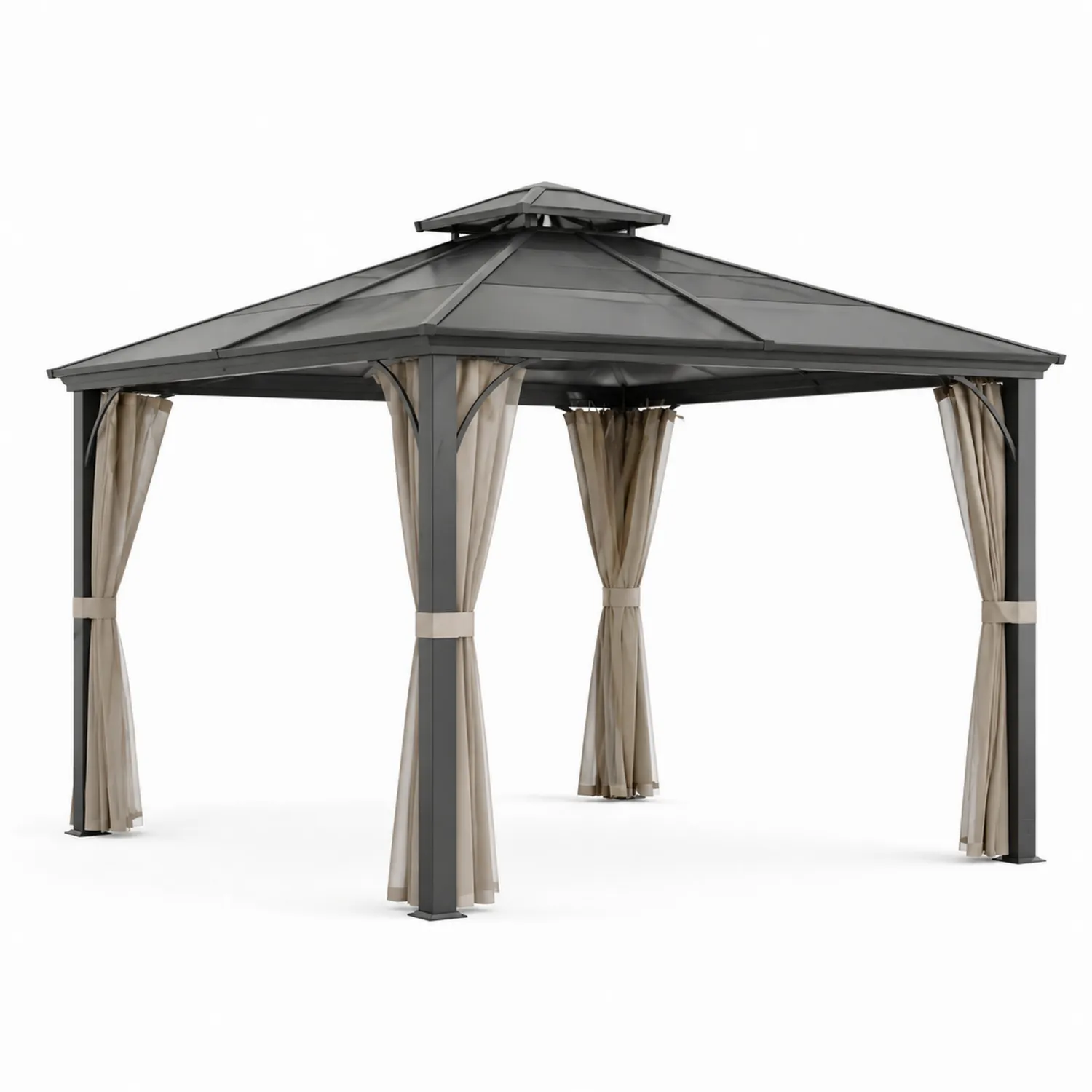 Pavillon de jardin en aluminium avec toit en polycarbonate et rideaux beiges-Velriver