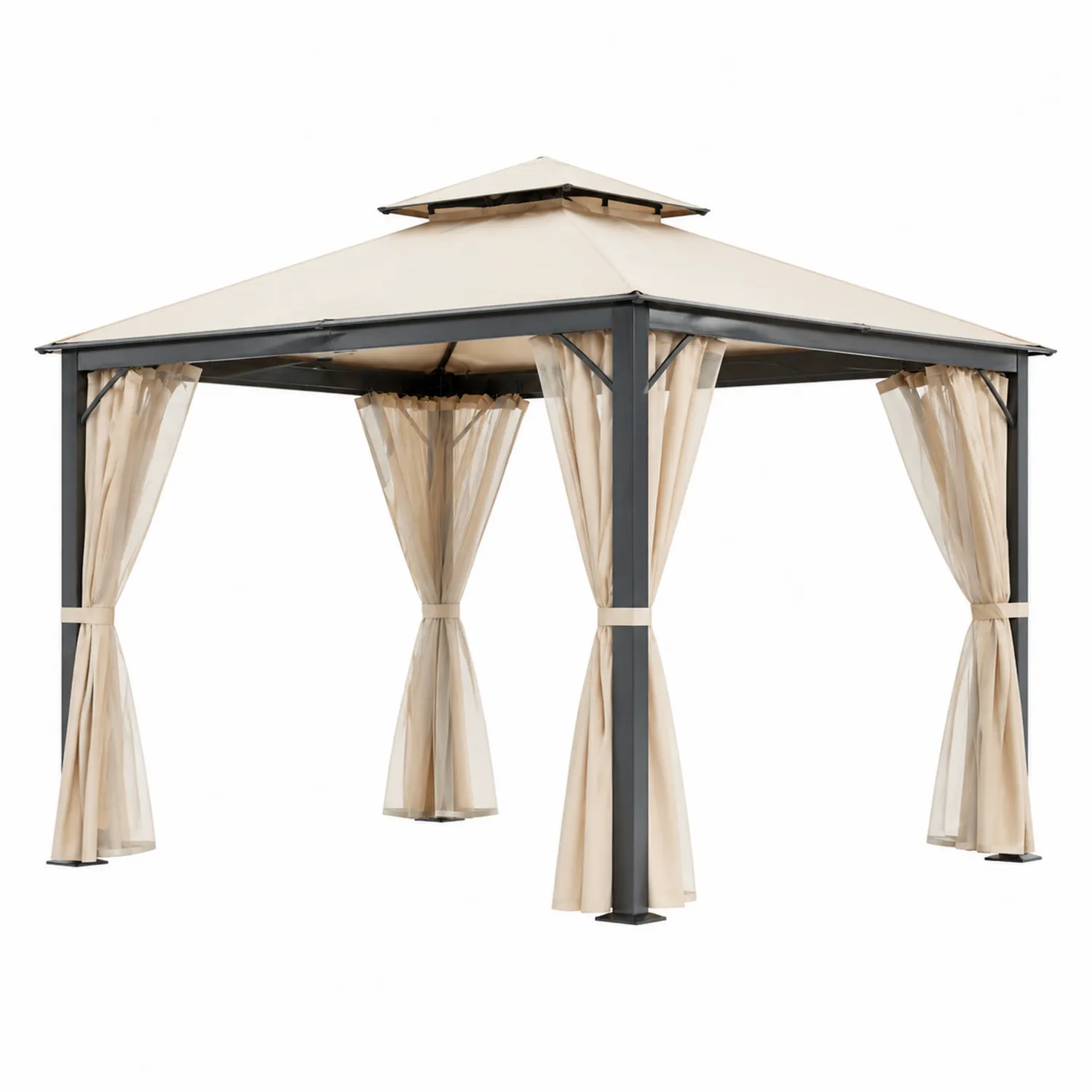 Pavillon de jardin en aluminium avec rideaux en polyester beige 300x300 cm-Velriver