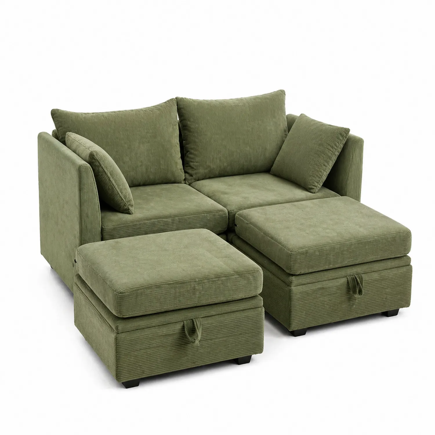 Canapé modulaire en tissu côtelé vert avec méridienne et pouf-Velriver