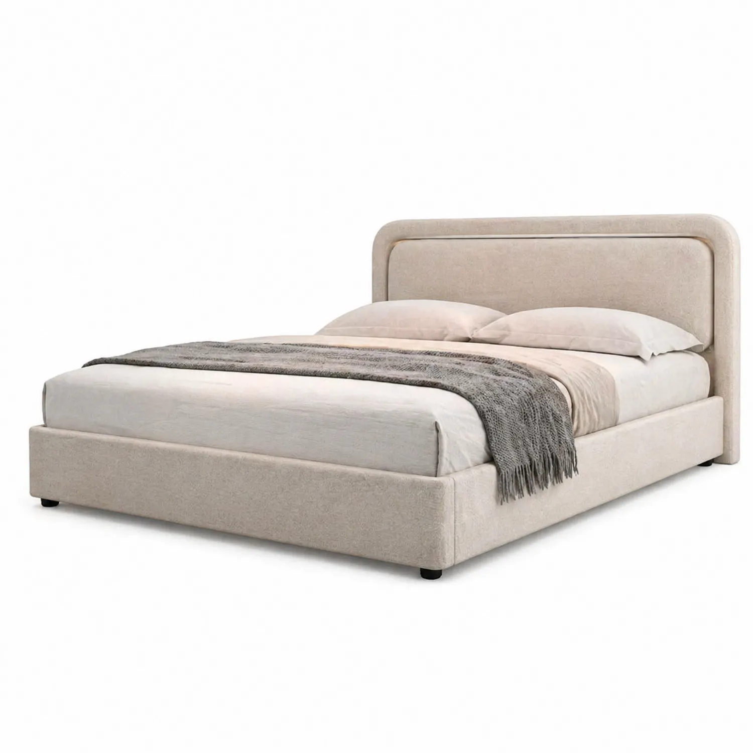Lit en tissu beige avec matelas et oreillers-Velriver