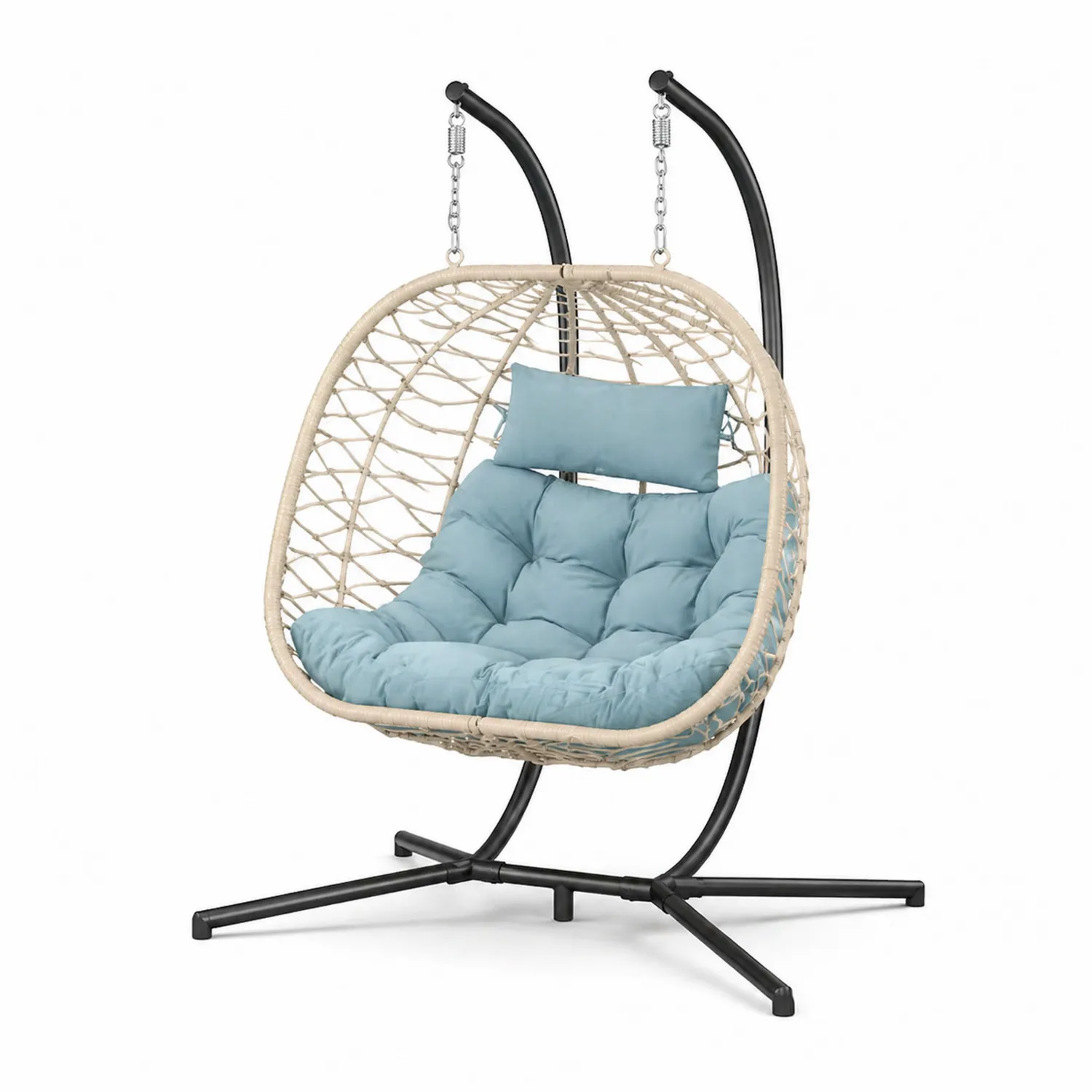 Chaise suspendue en rotin synthétique avec coussin bleu clair-Velriver