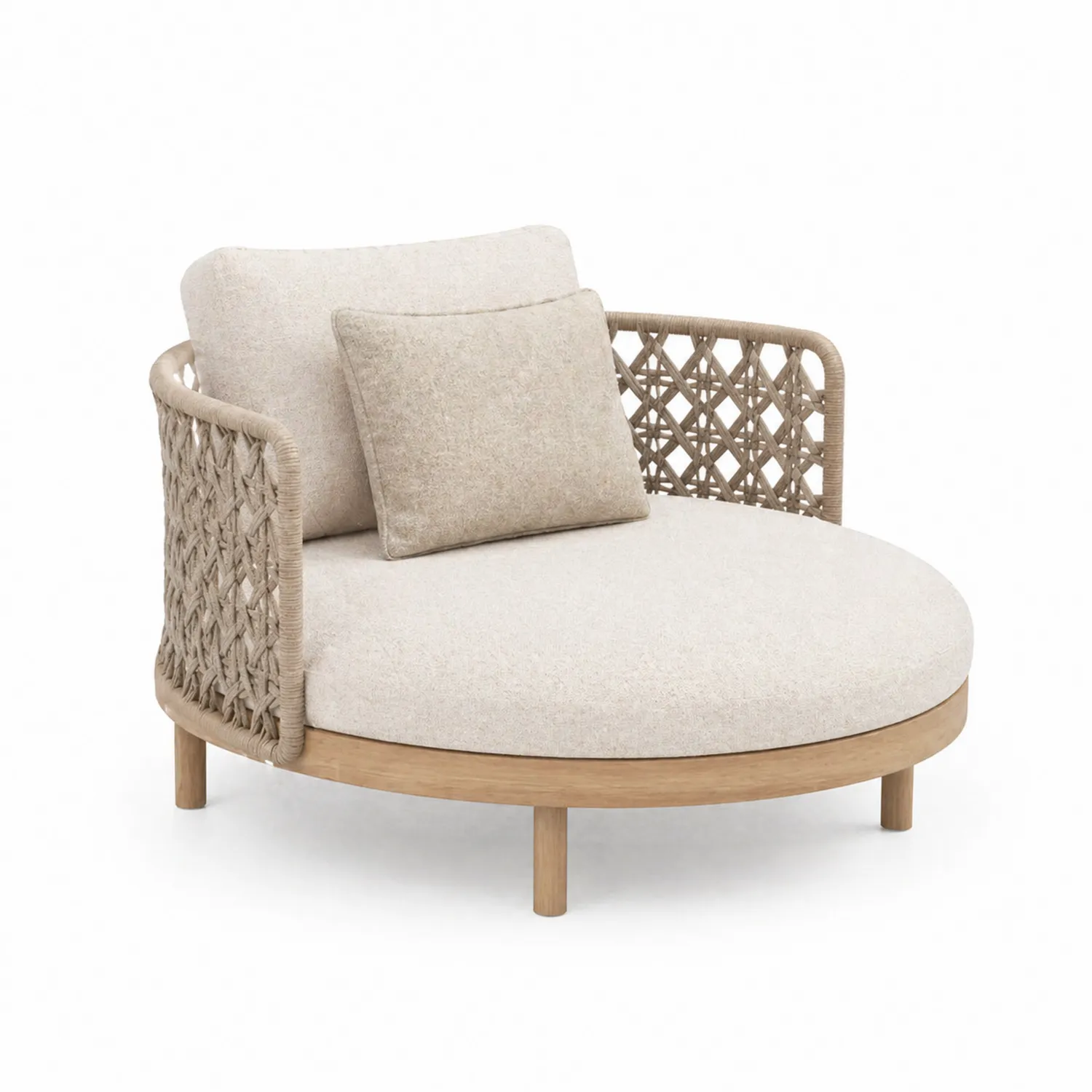 Chaise longue en bois et tissu beige avec corde tressée 95 cm-Velriver
