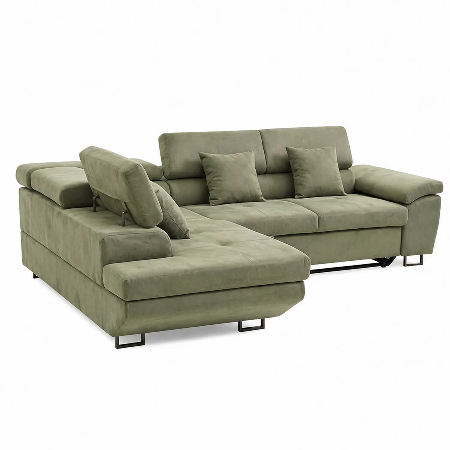 Canapé d'angle en tissu vert avec dossiers réglables et pieds en métal-Velriver