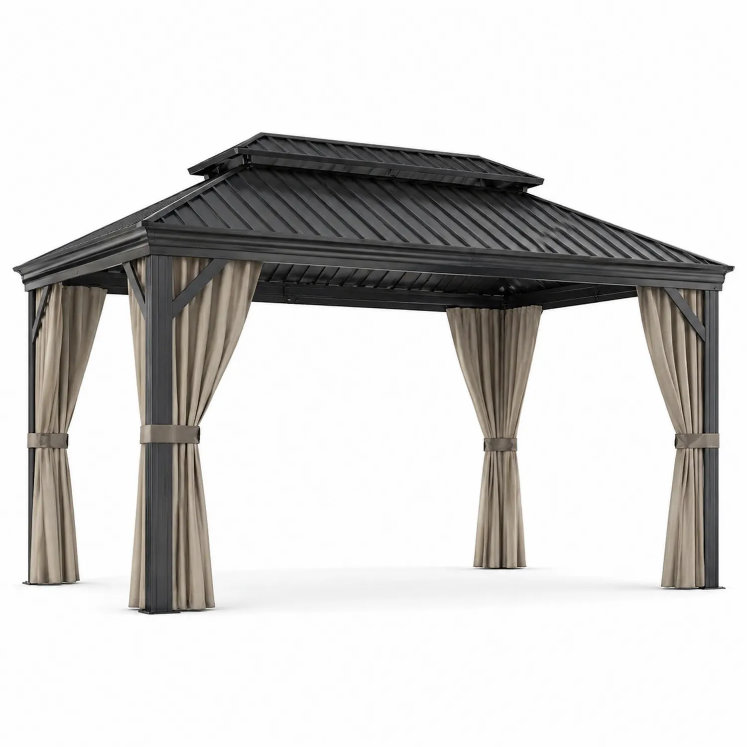 Pavillon de jardin en aluminium 3x4 m avec toit en acier et rideaux beiges-Velriver