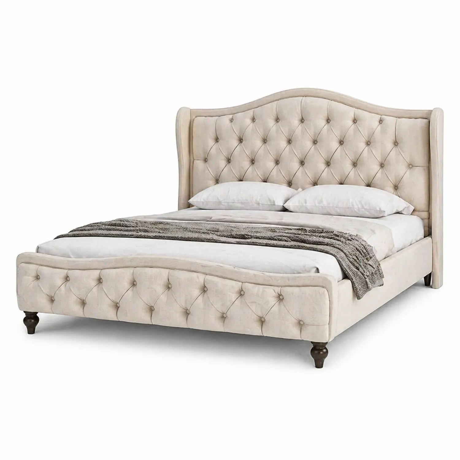 Lit double en bois et velours beige 160x200 cm-Velriver
