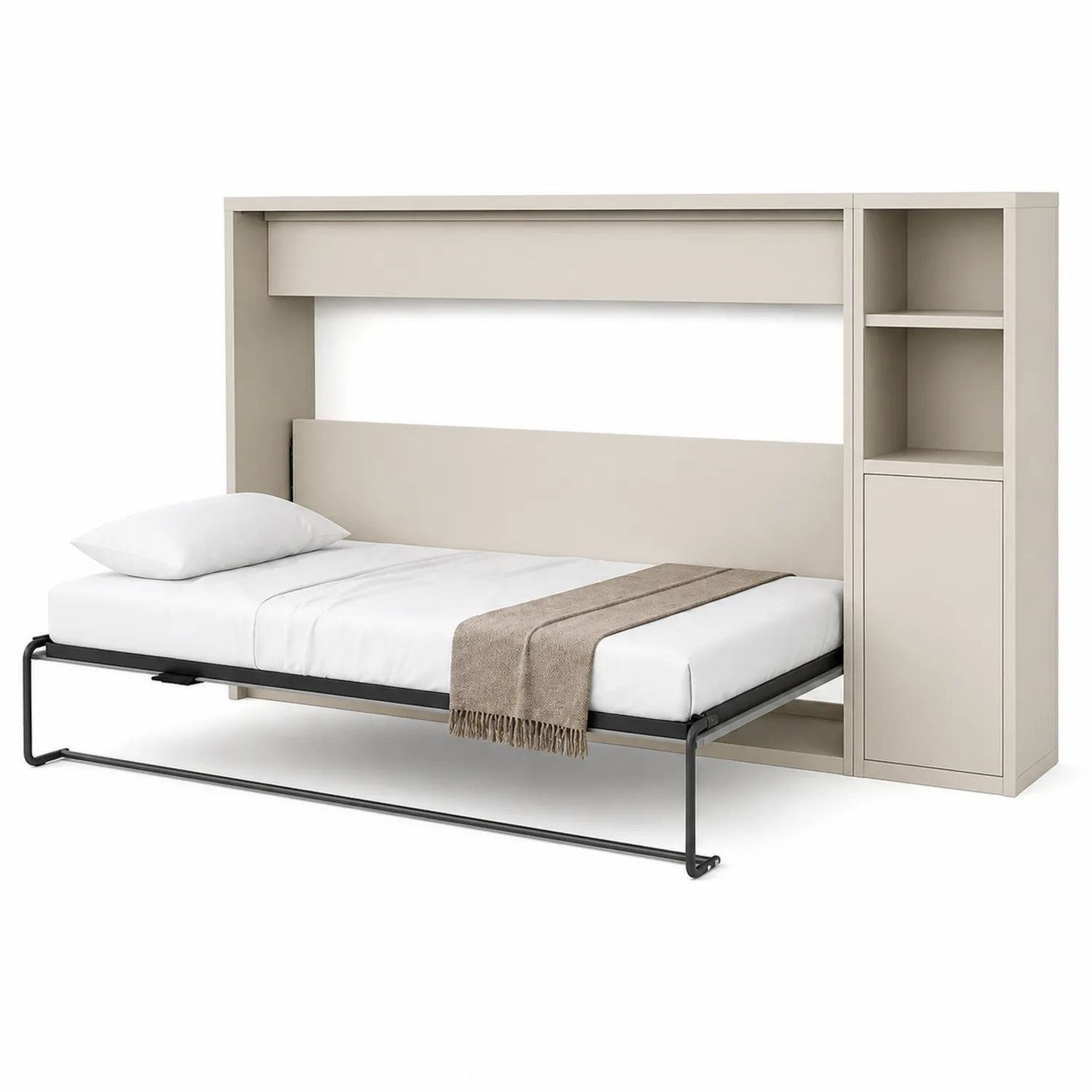 Lit escamotable avec étagère intégrée en métal et bois Beige-Velriver