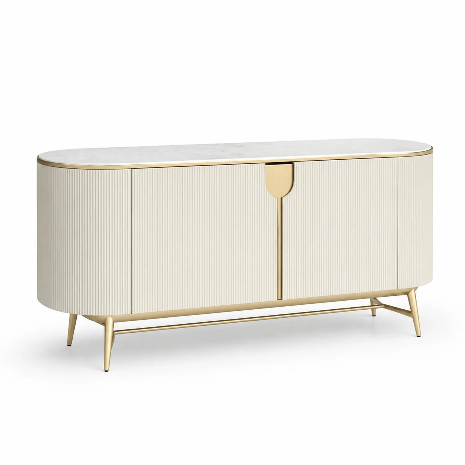 Buffet ovale en marbre et métal avec laiton 160x45x70 cm Blanc/Or-Velriver