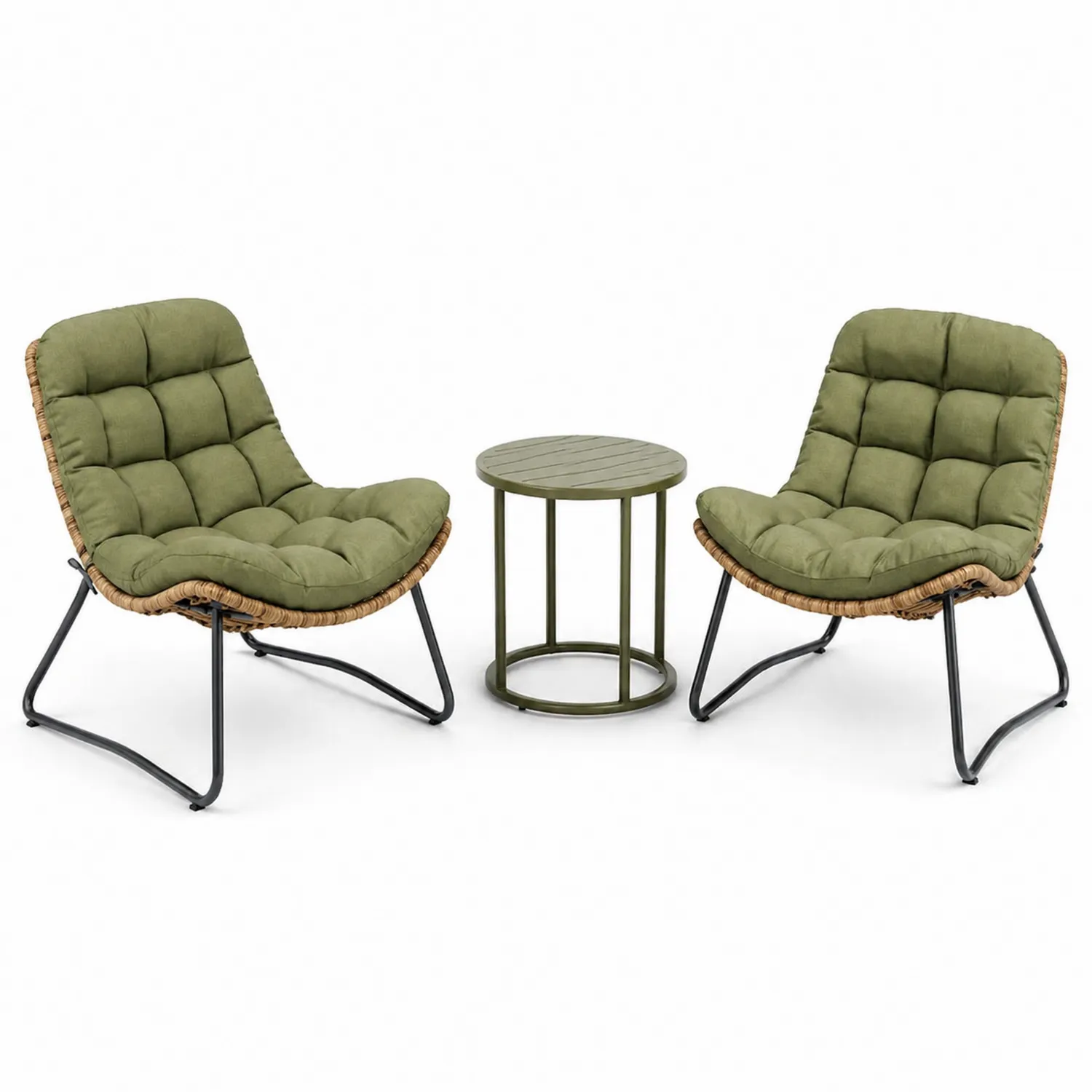 Ensemble de fauteuils en métal et rotin avec table, coussins verts-Velriver