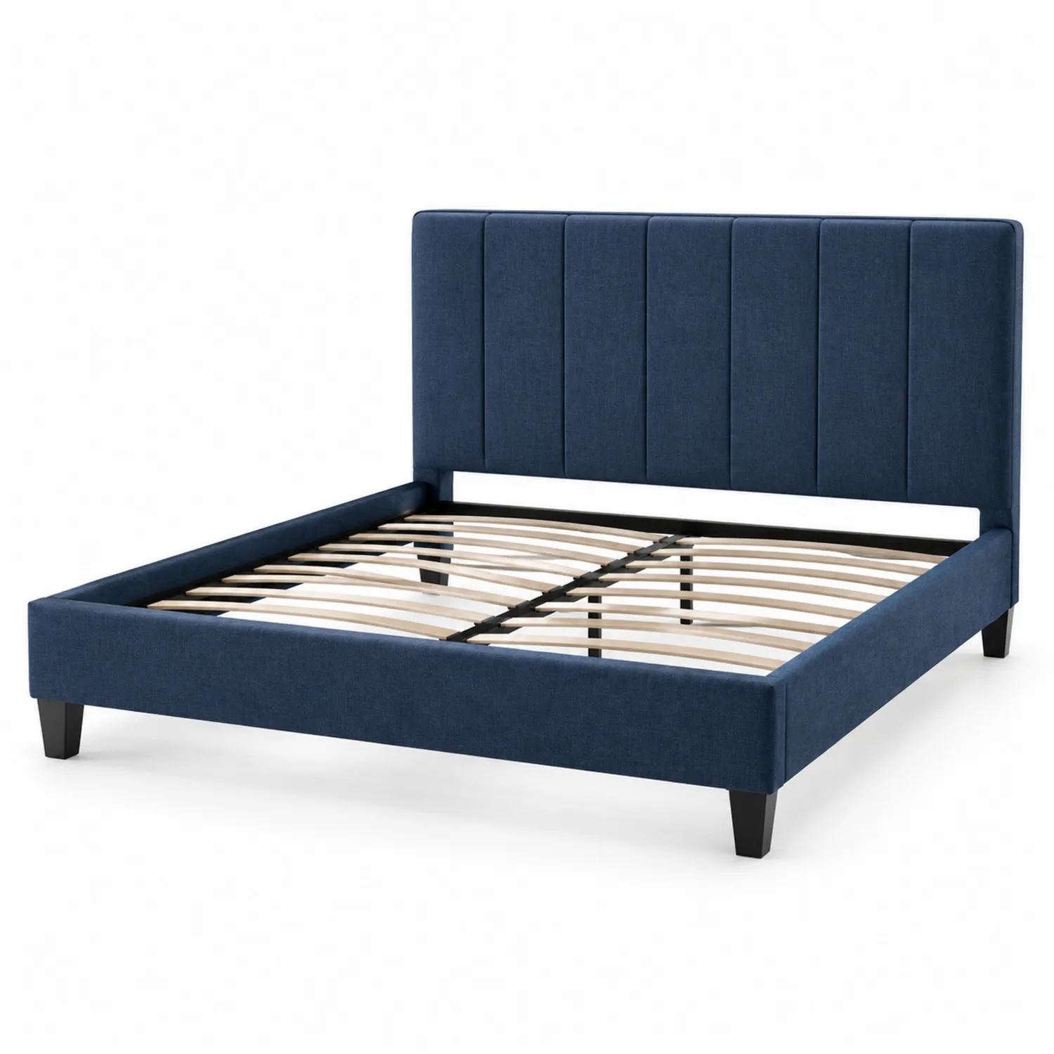 Lit Double en Bois avec Tête de Lit en Tissu Bleu-Velriver