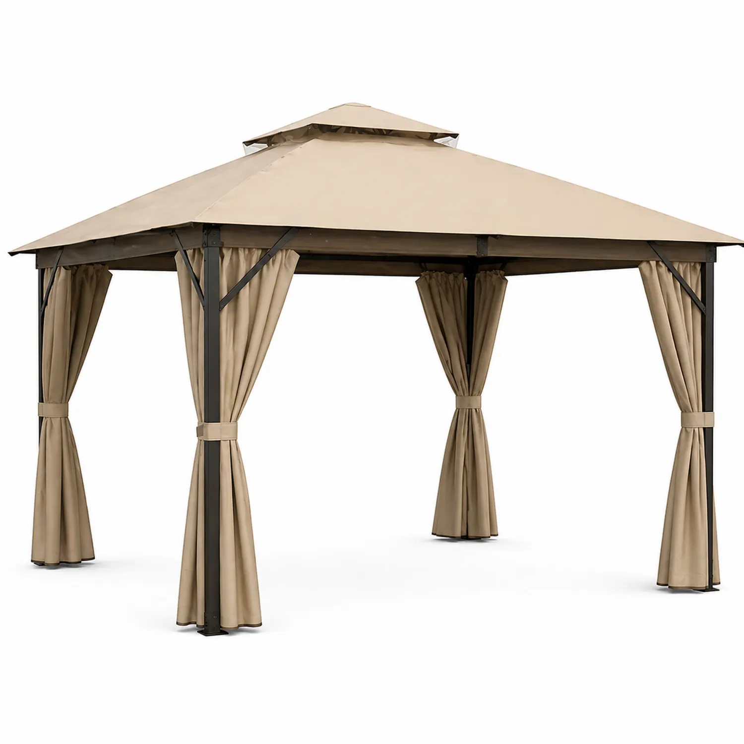 Pavillon de jardin en acier avec rideaux en polyester beige 3x3m-Velriver