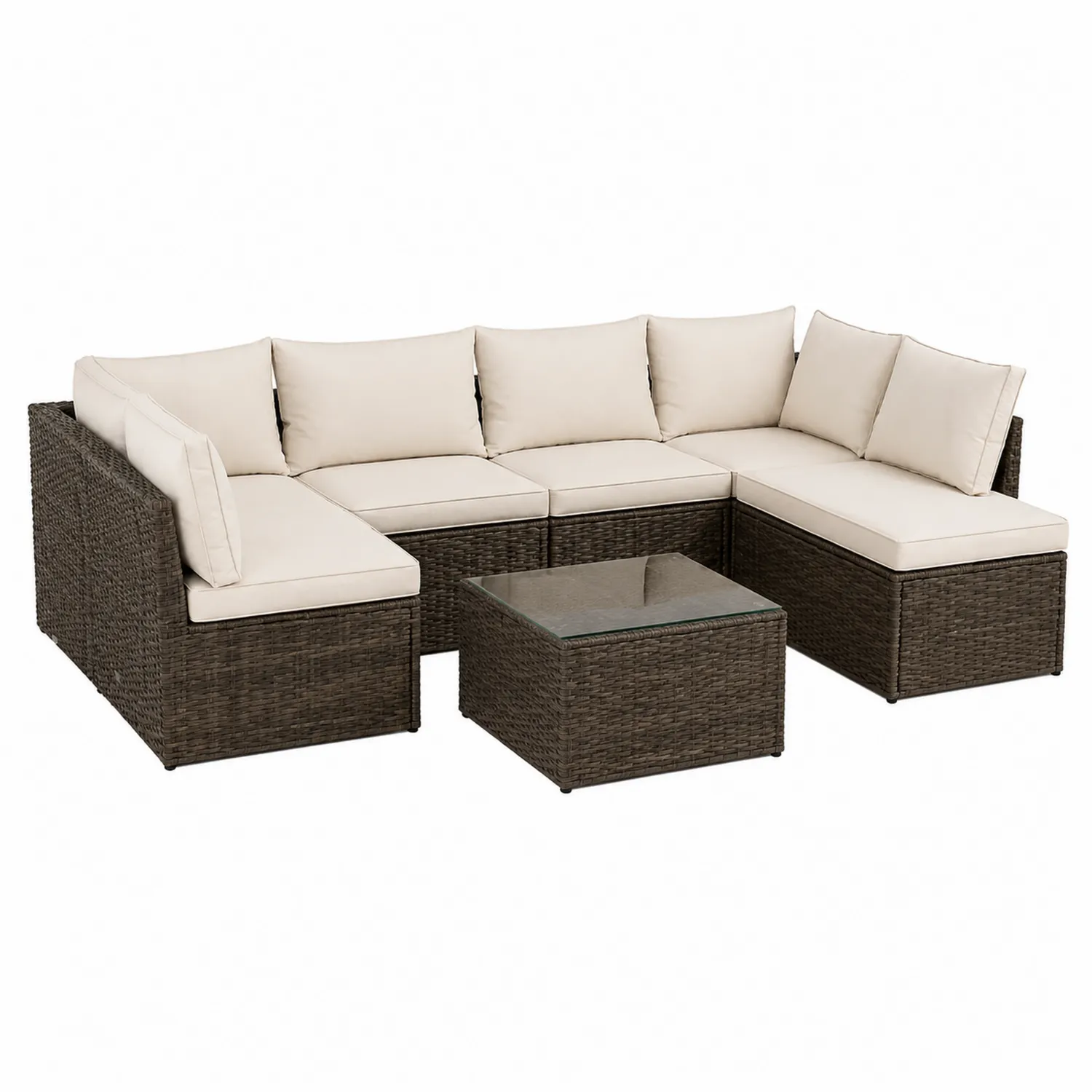 Ensemble de salon de jardin en résine tressée avec table en verre et coussins, Marron/Beige-Velriver
