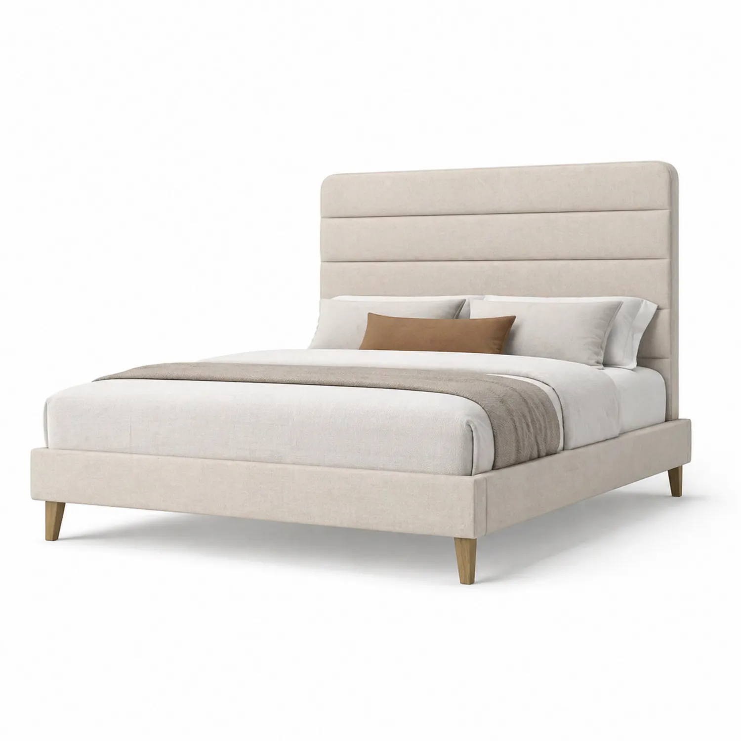Lit double tissu polyester beige avec tête de lit rembourrée et pieds en chêne-Velriver