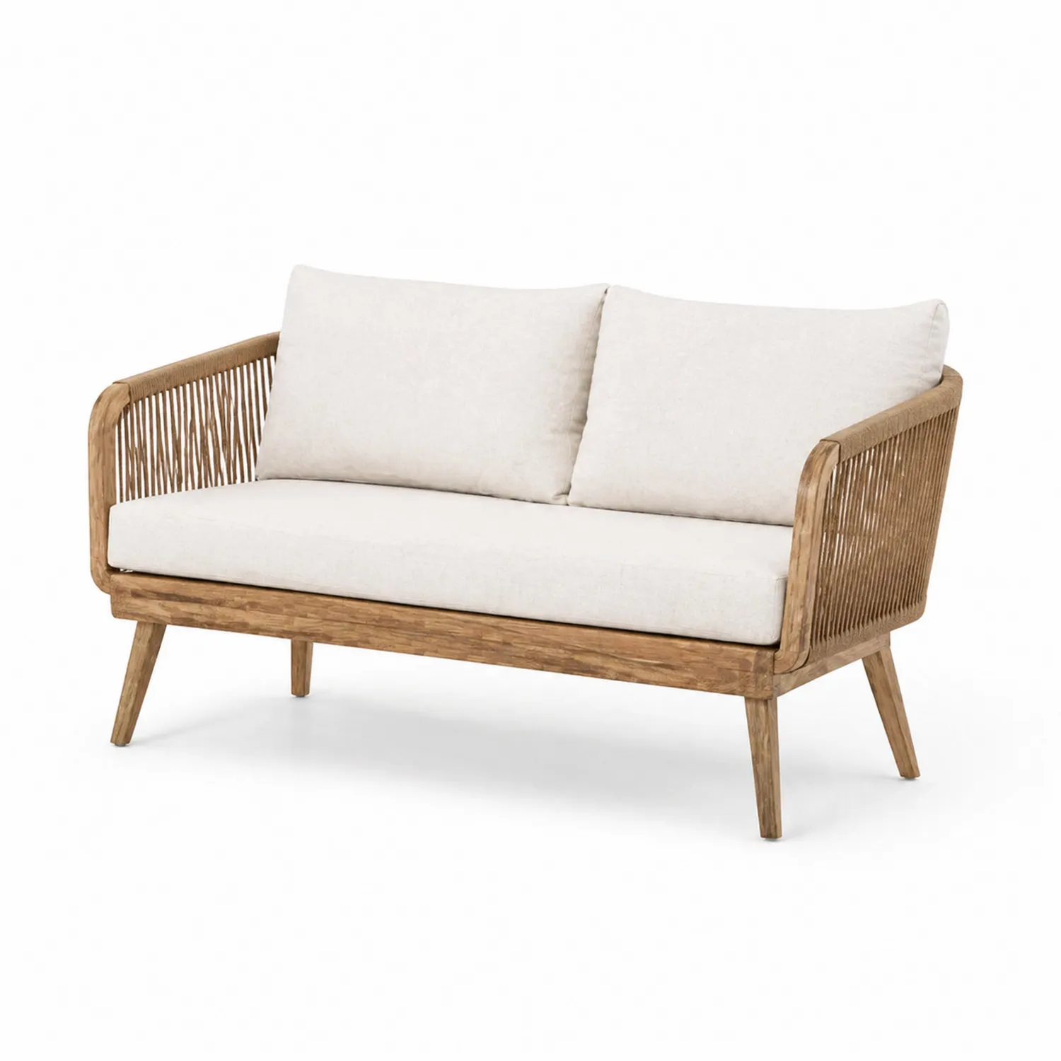 Canapé en bois d'acacia avec coussins en polyester beige 2 places-Velriver